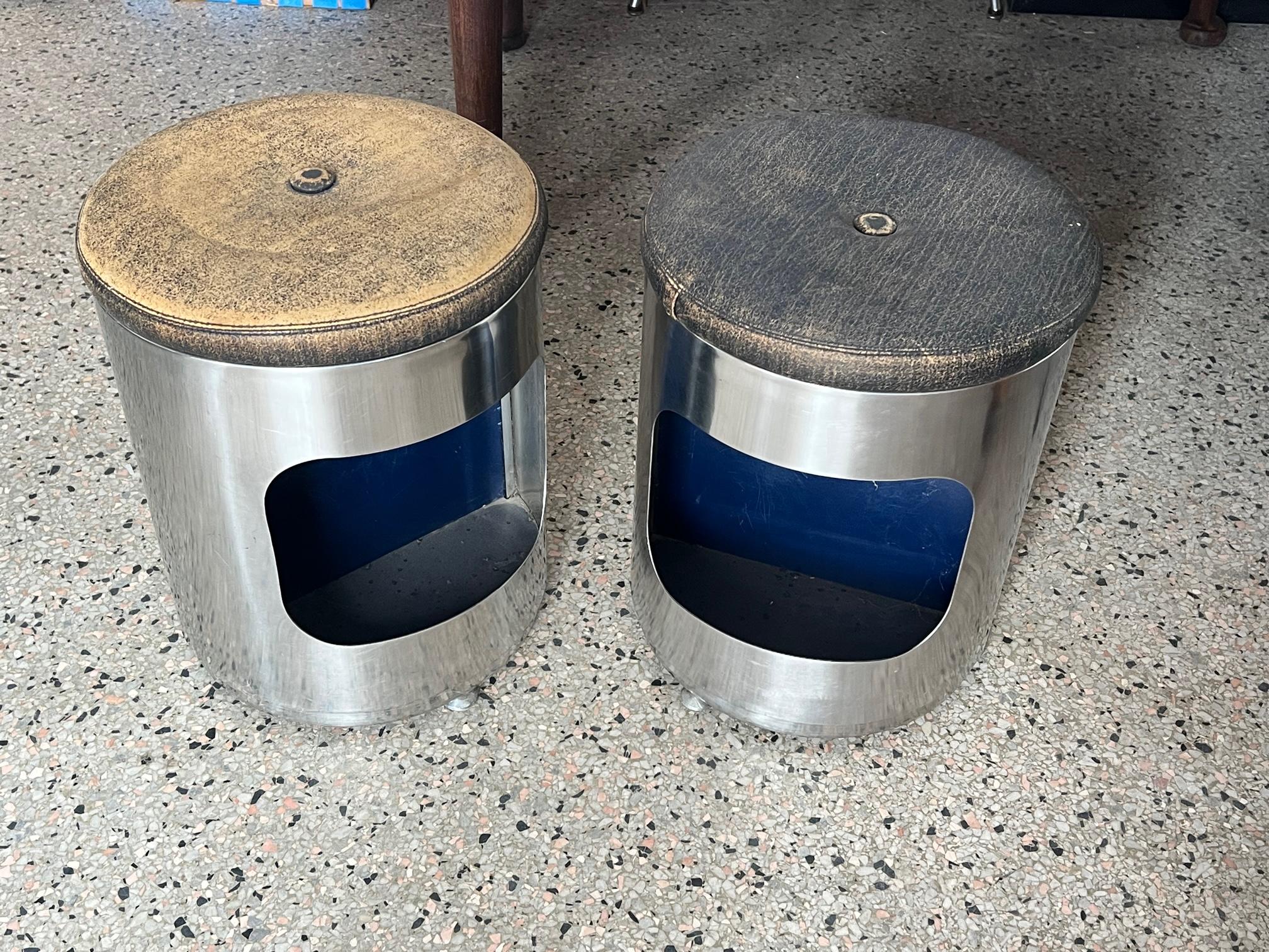 Pair of Italian Brushed Steel and Leather Upholstered Stools 1970's For Sale 4