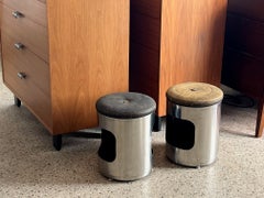 Pair of Italian Brushed Steel and Leather Upholstered Stools 1970's