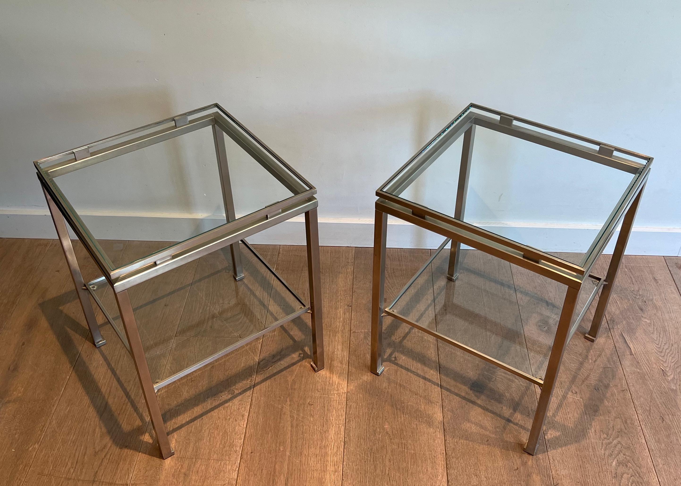 Pair of brushed steel side tables by Guy Lefèvre for Maison Jansen For Sale 4