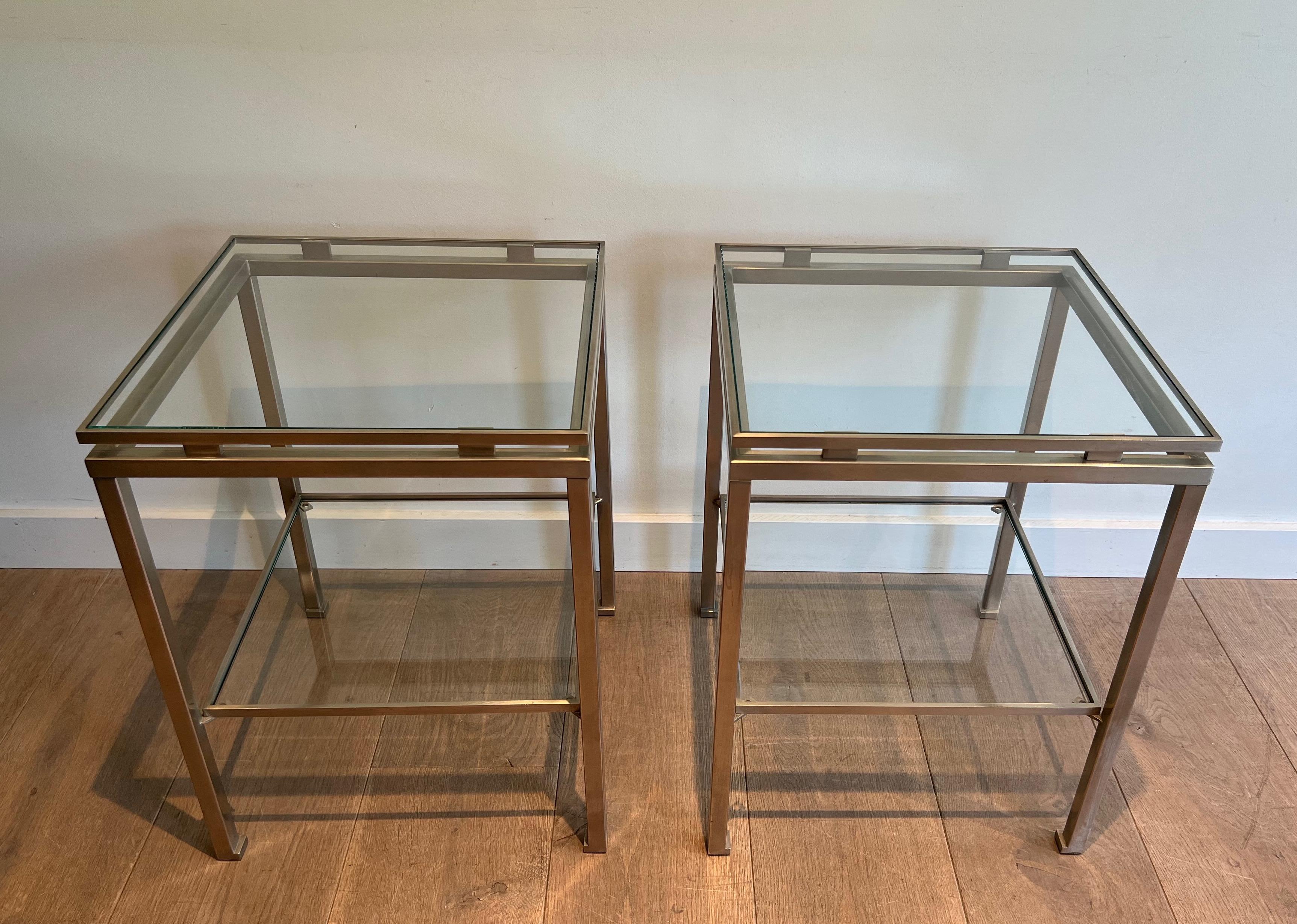 Mid-Century Modern Pair of brushed steel side tables by Guy Lefèvre for Maison Jansen For Sale