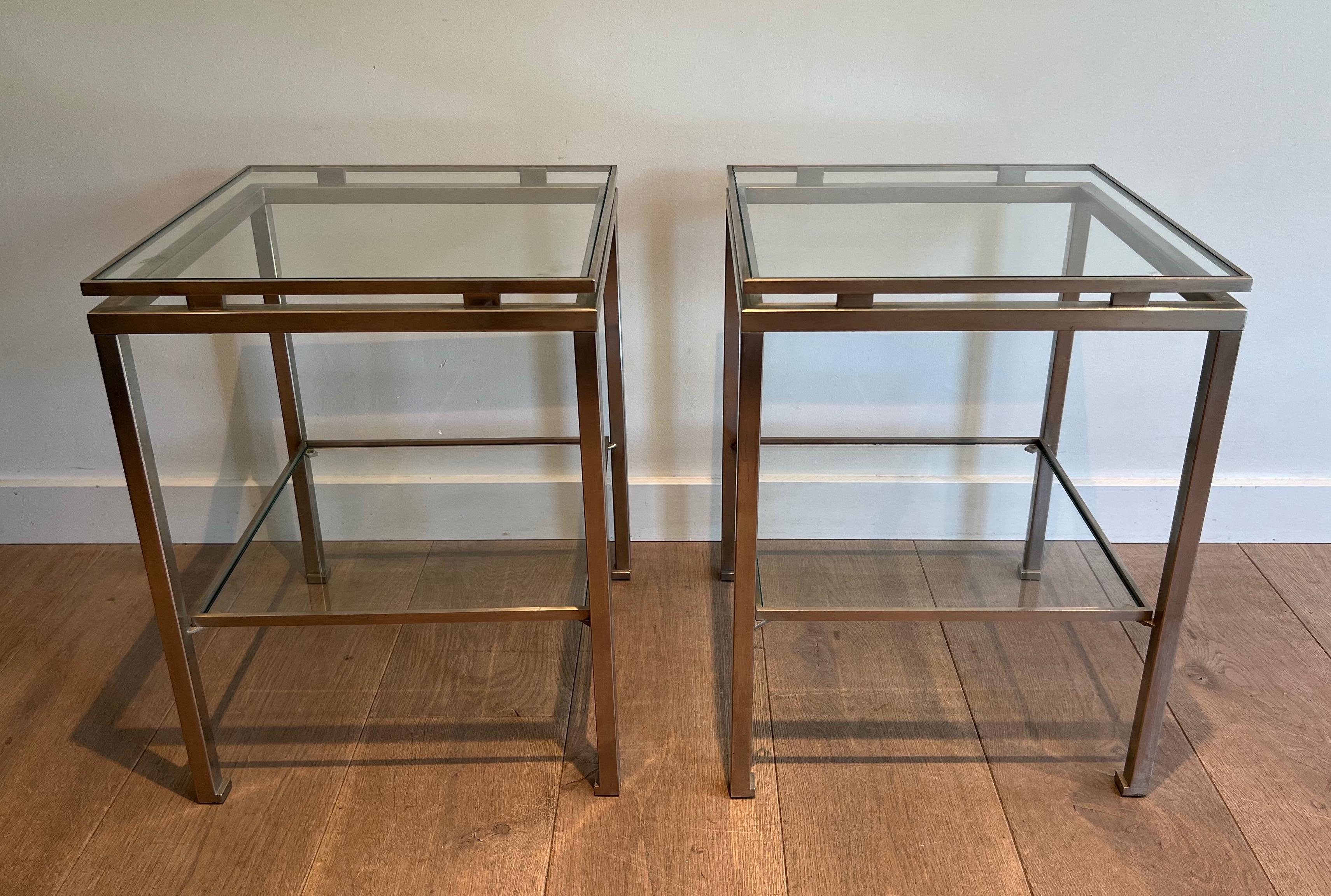 French Pair of brushed steel side tables by Guy Lefèvre for Maison Jansen For Sale
