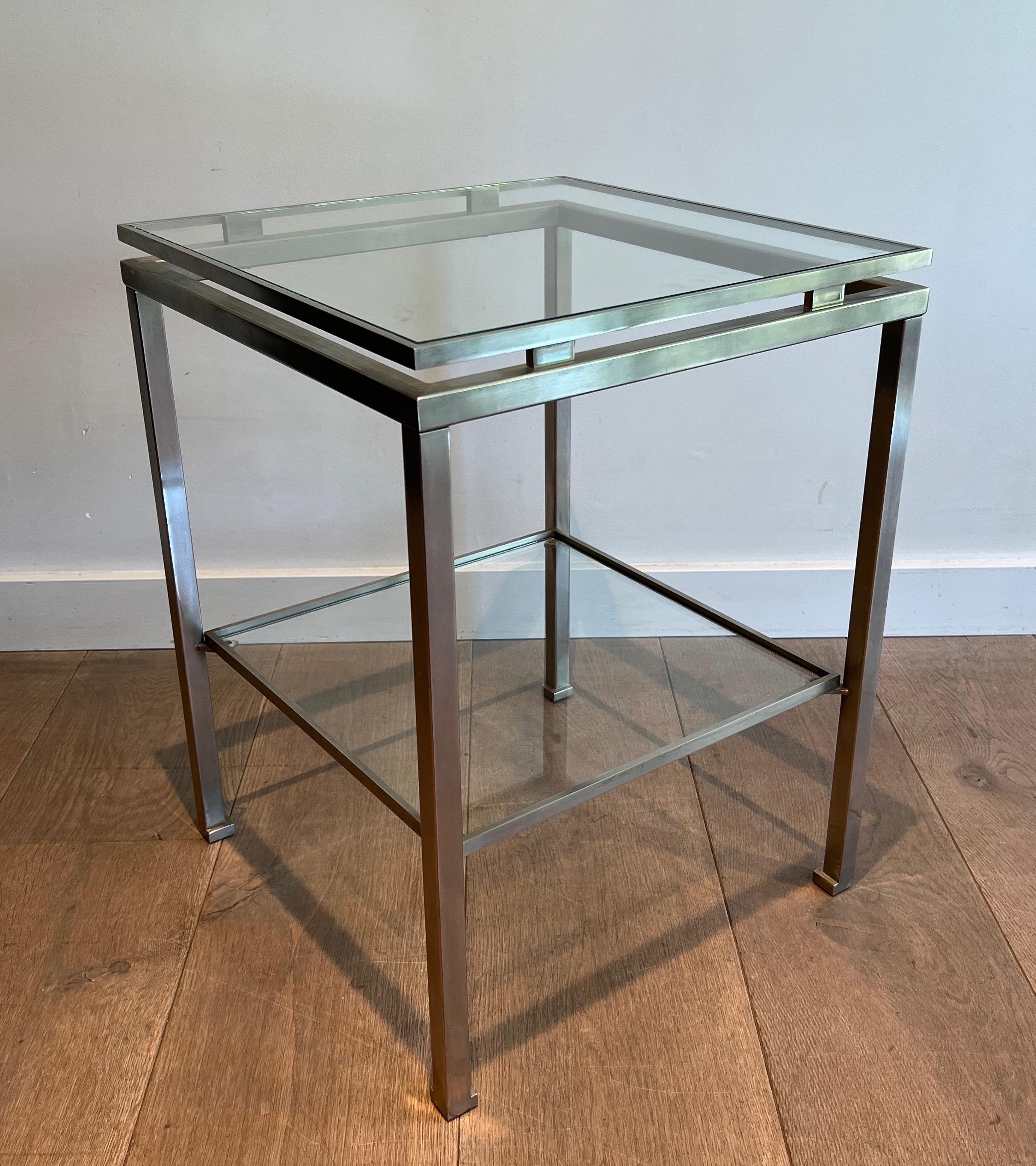 Brushed Pair of brushed steel side tables by Guy Lefèvre for Maison Jansen For Sale
