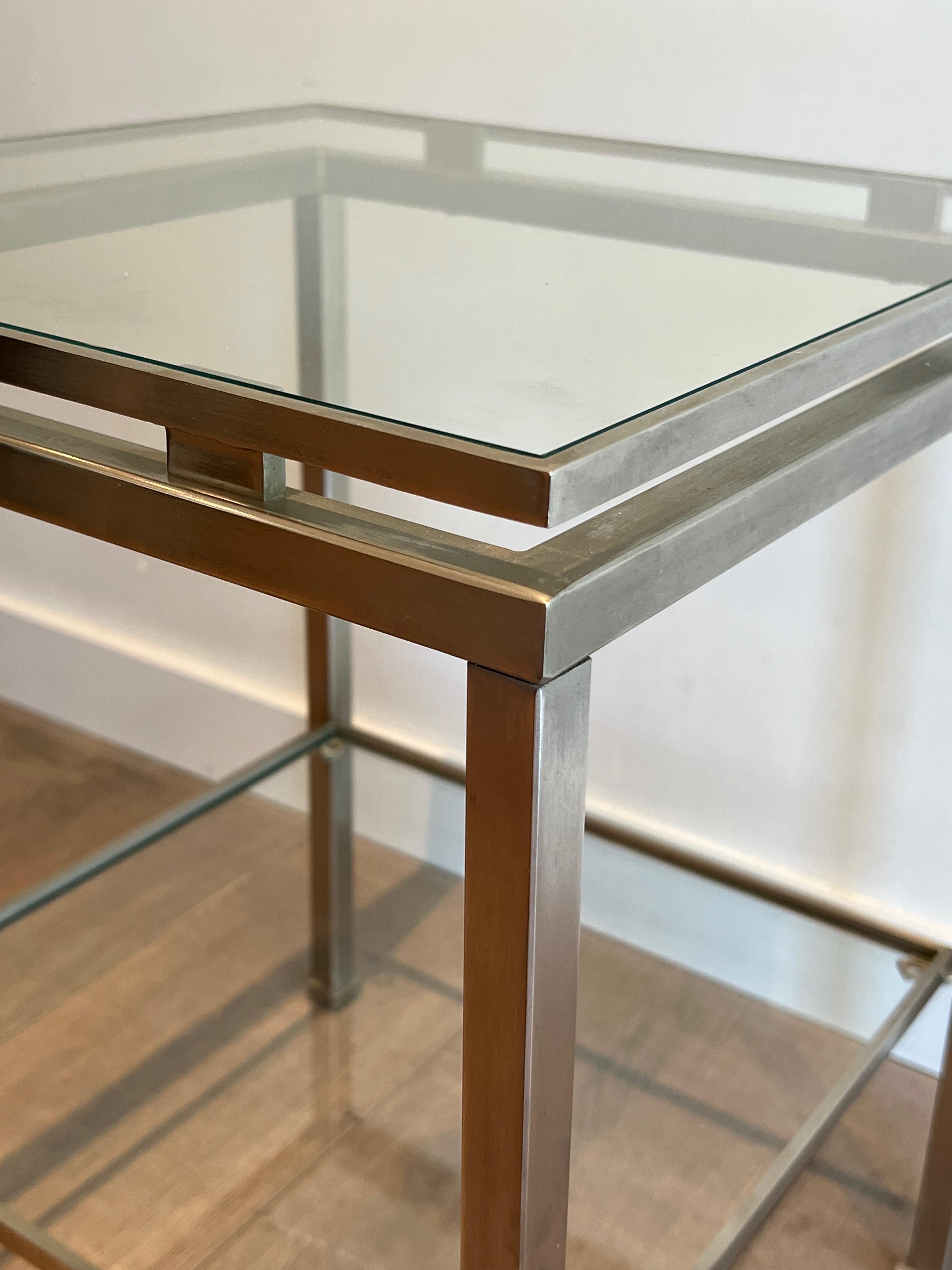 Steel Pair of brushed steel side tables by Guy Lefèvre for Maison Jansen For Sale