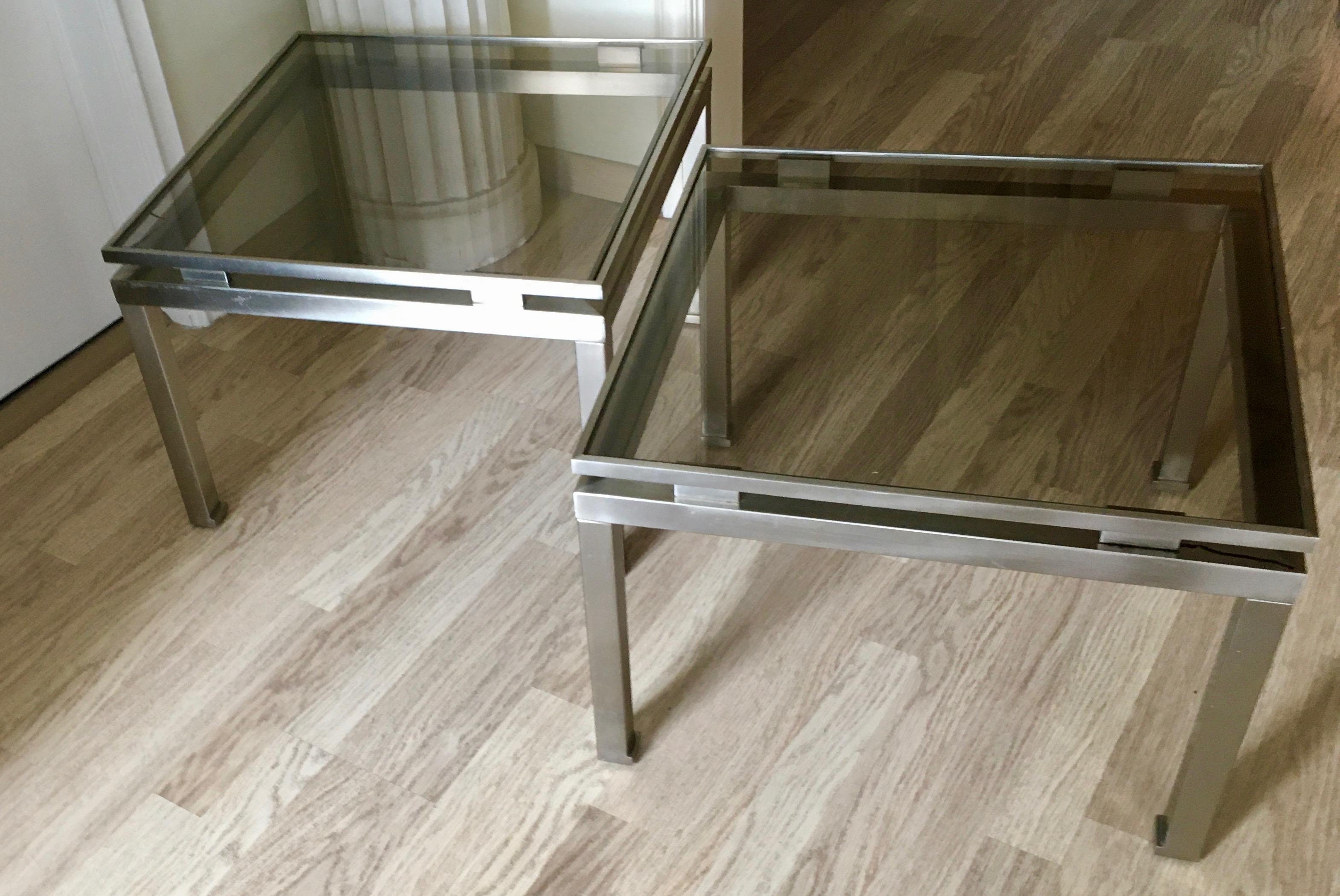 Pair of Brushed Steel Side Tables by Guy Lefevre for Maison Jansen, France, 1970 In Good Condition For Sale In Brussels, BE