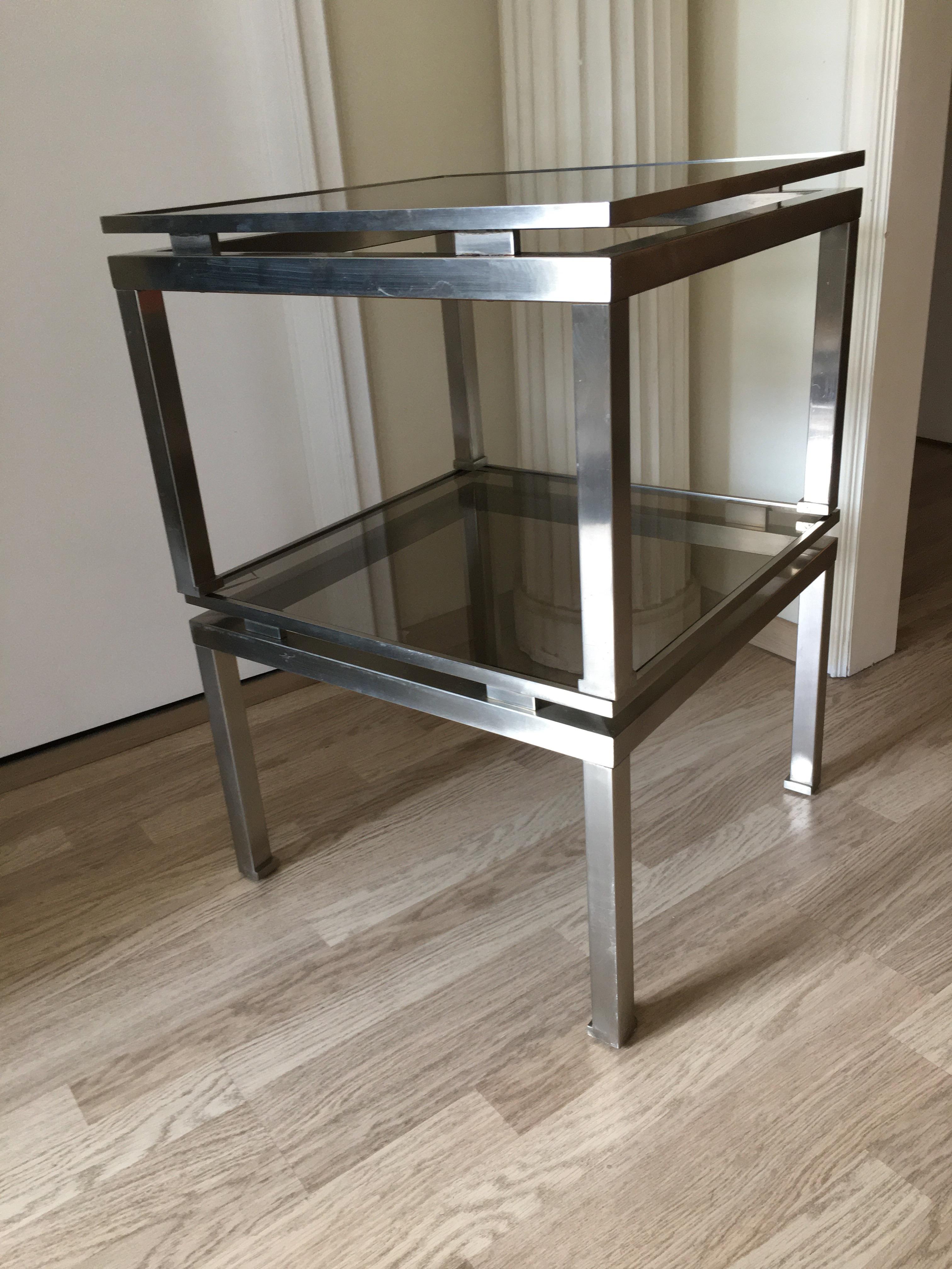 Late 20th Century Pair of Brushed Steel Side Tables by Guy Lefevre for Maison Jansen, France, 1970 For Sale