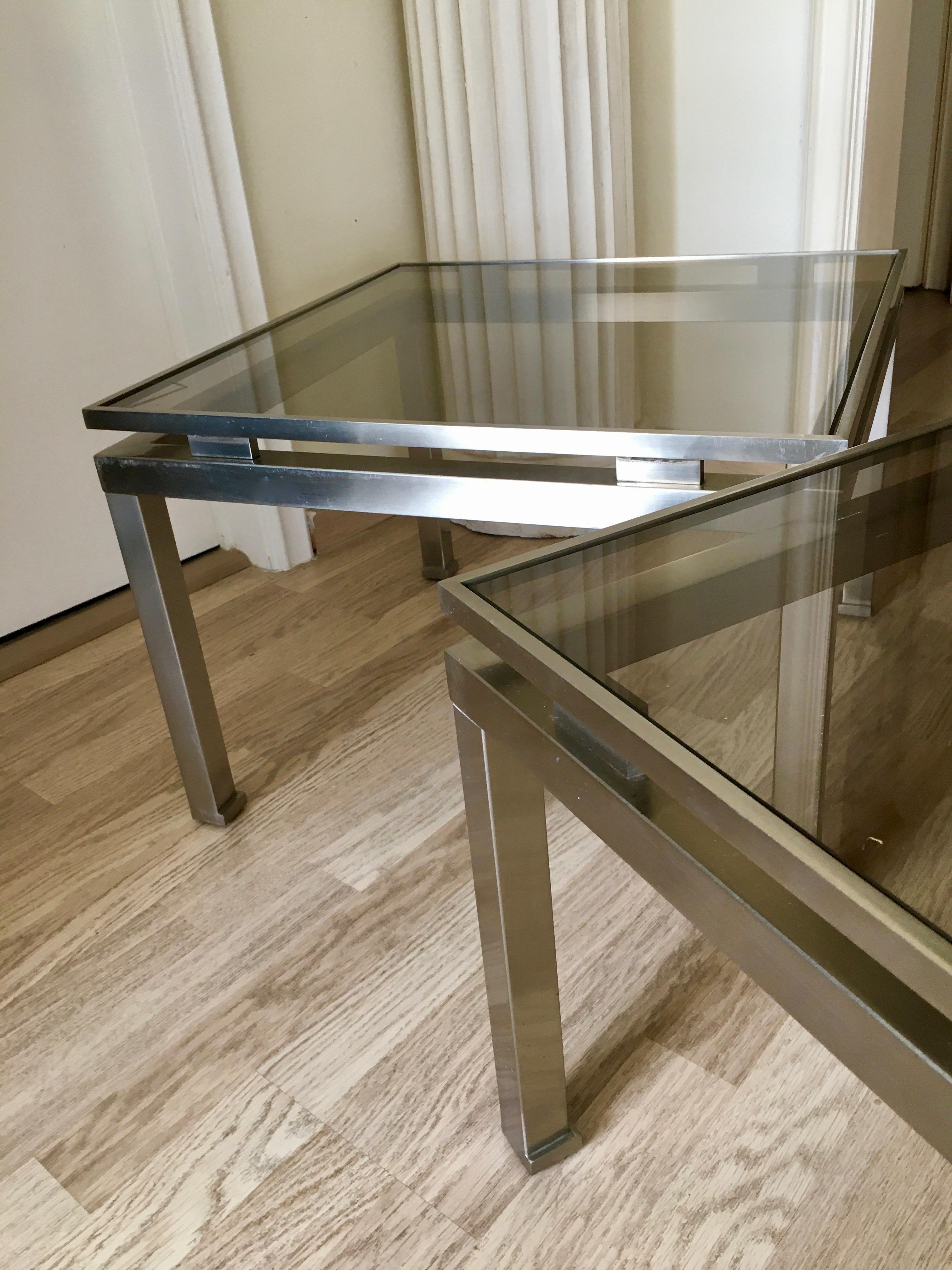 Pair of Brushed Steel Side Tables by Guy Lefevre for Maison Jansen, France, 1970 For Sale 1