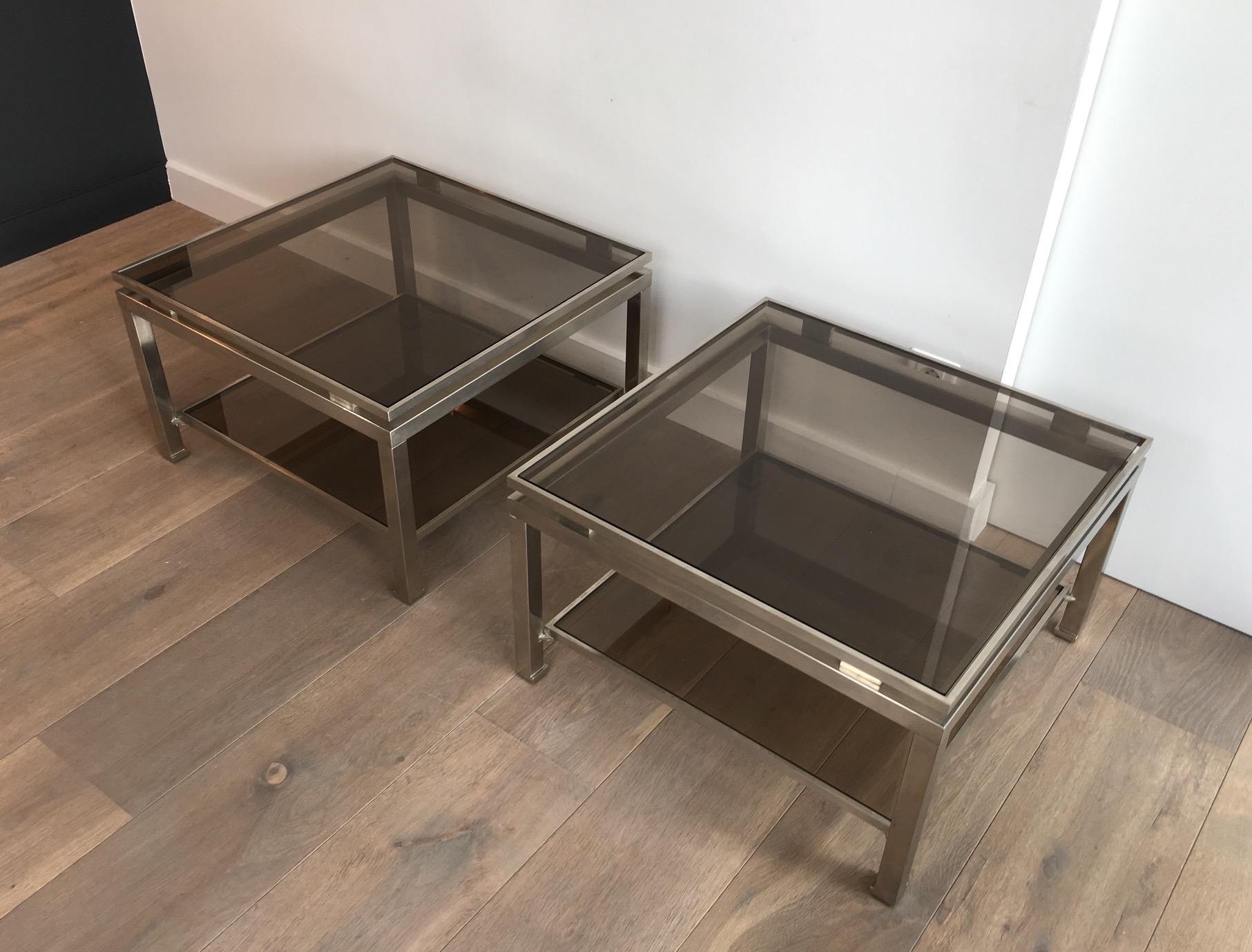 Rare Pair of Brushed Steel Side Tables by Guy Lefèvre for Maison Jansen For Sale 13