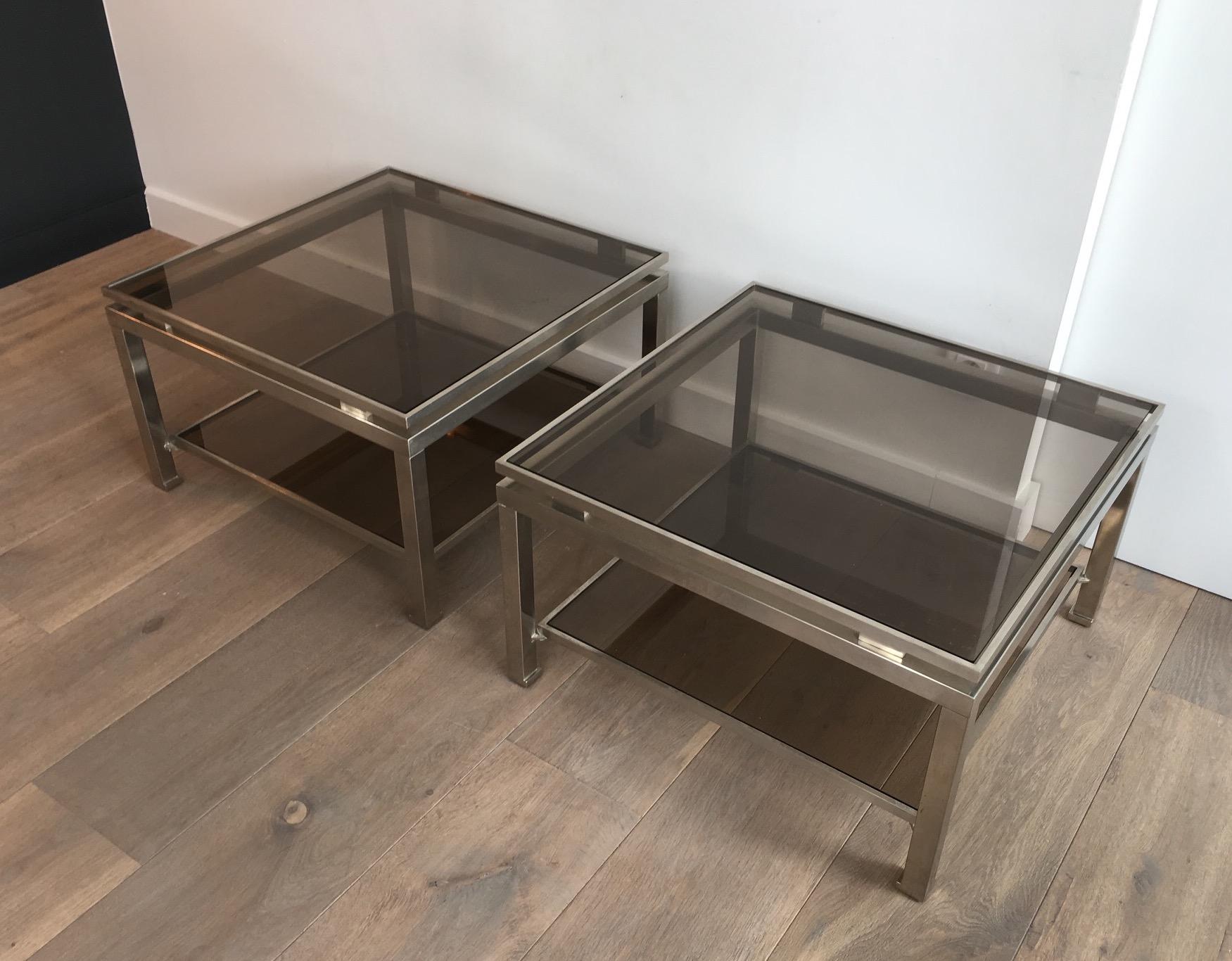 Rare Pair of Brushed Steel Side Tables by Guy Lefèvre for Maison Jansen For Sale 14