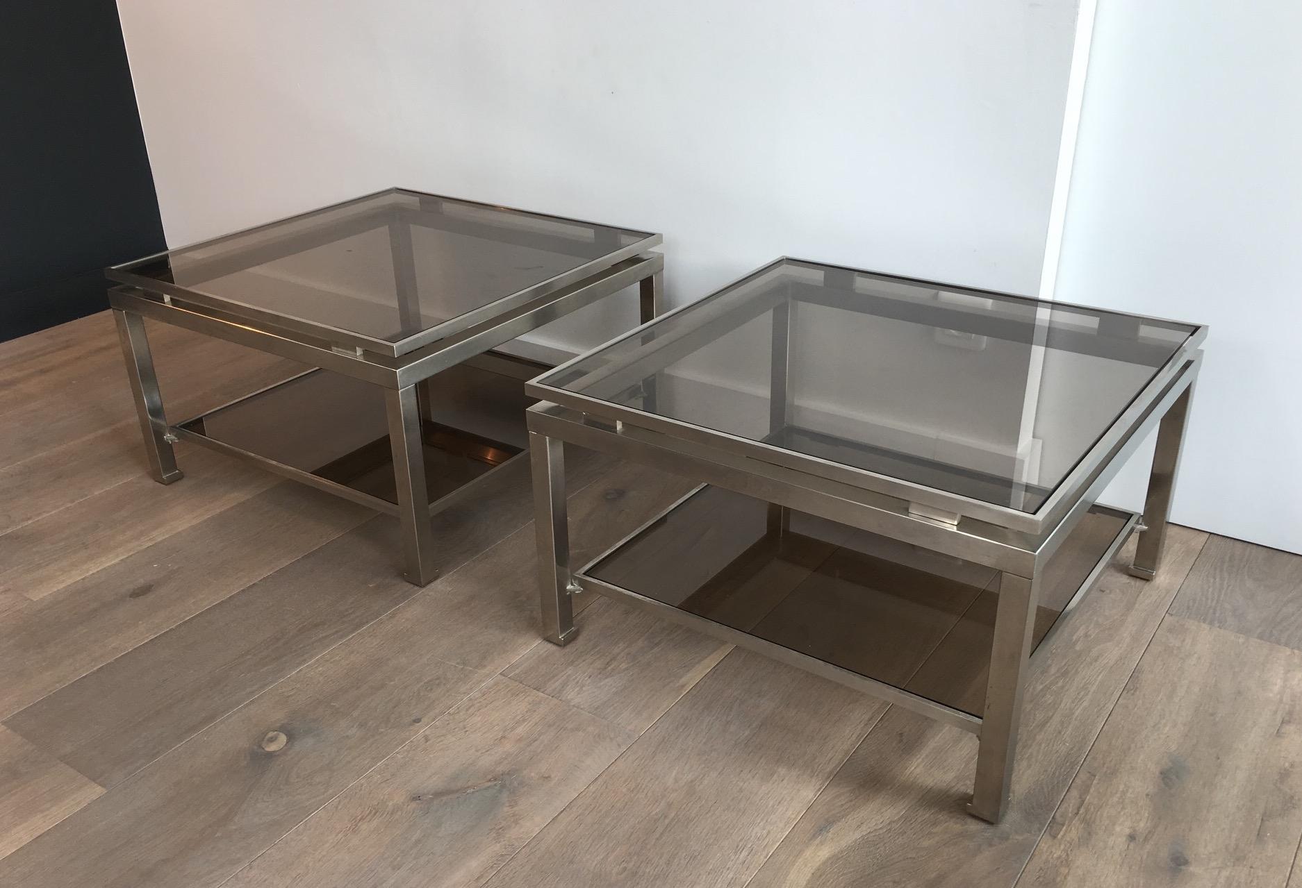 Mid-Century Modern Rare Pair of Brushed Steel Side Tables by Guy Lefèvre for Maison Jansen For Sale