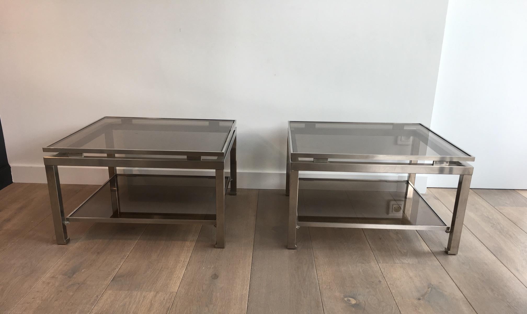 French Rare Pair of Brushed Steel Side Tables by Guy Lefèvre for Maison Jansen For Sale