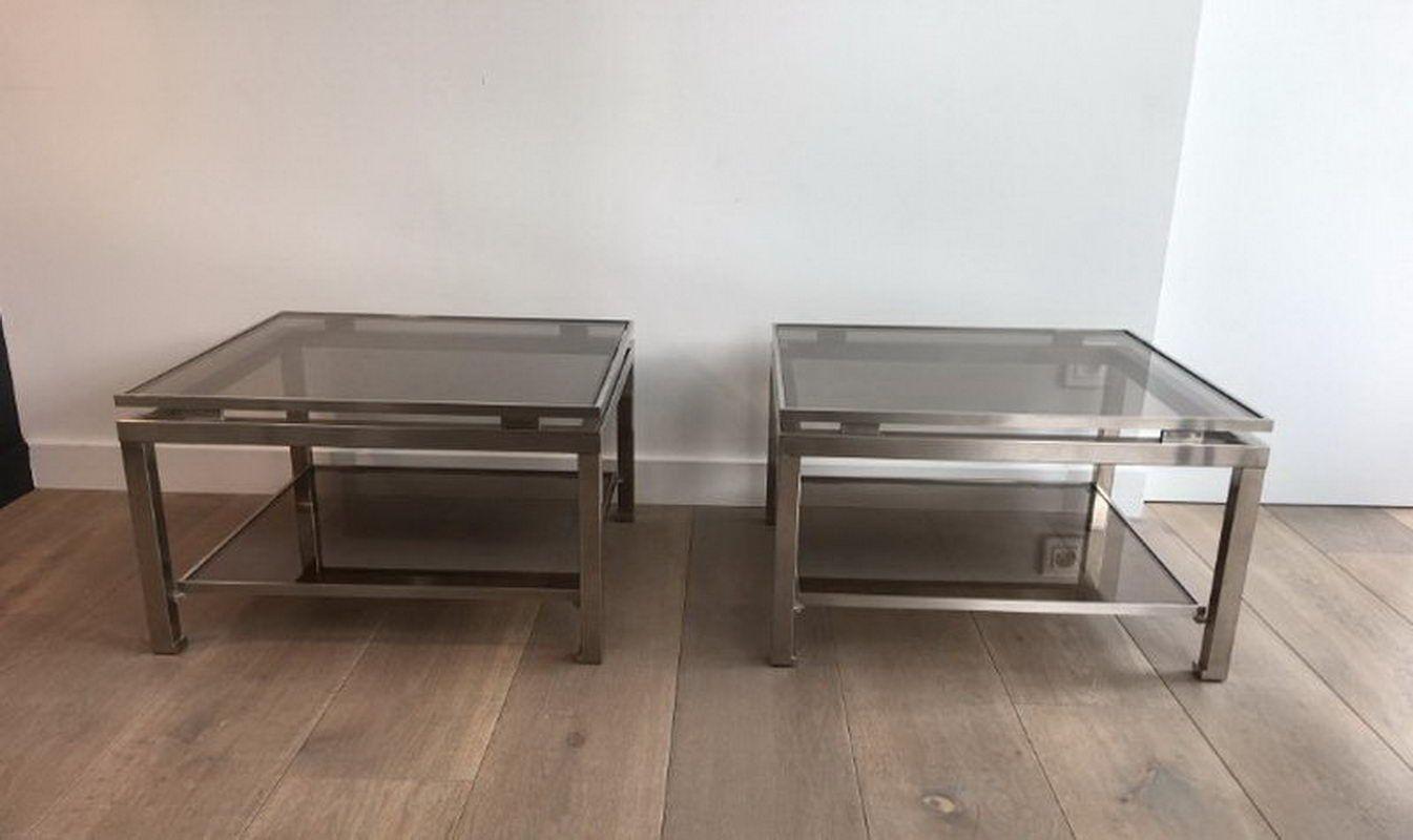 French Pair of brushed steel side tables with smoked glass by Guy Lefèvre  For Sale