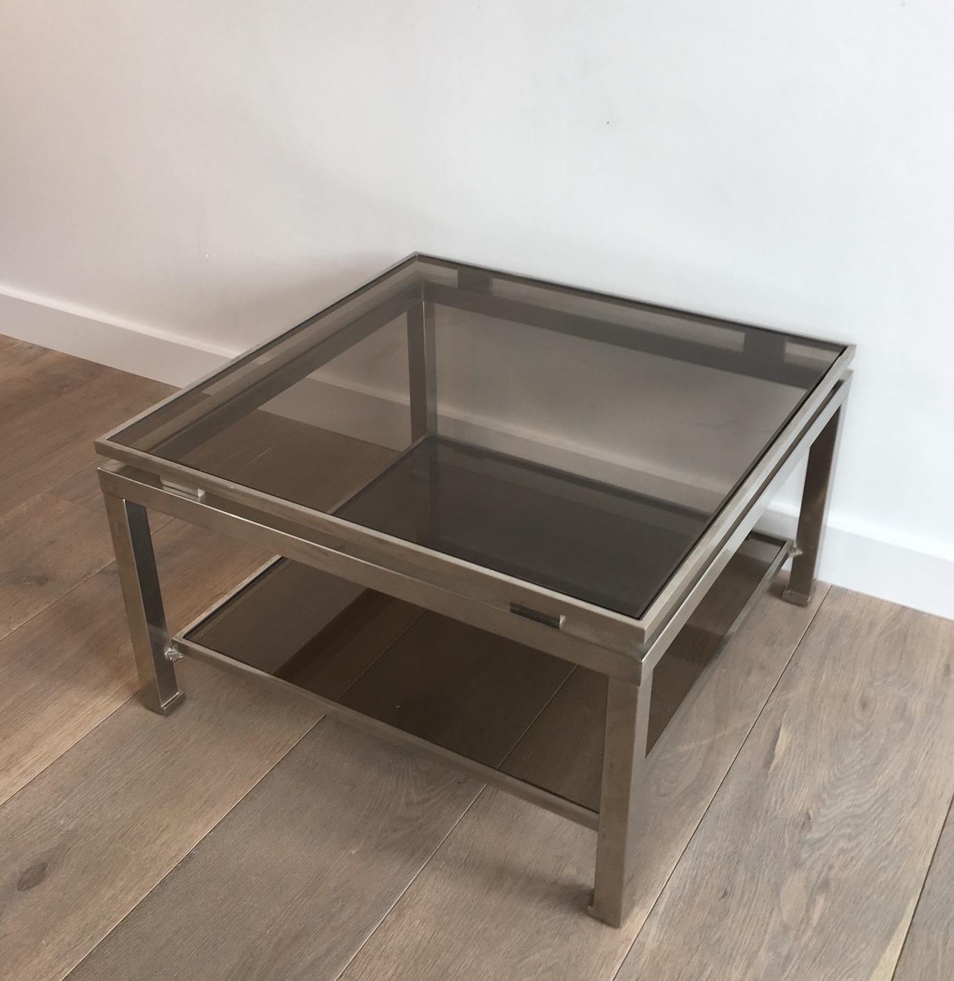 Rare Pair of Brushed Steel Side Tables by Guy Lefèvre for Maison Jansen In Good Condition For Sale In Marcq-en-Barœul, Hauts-de-France