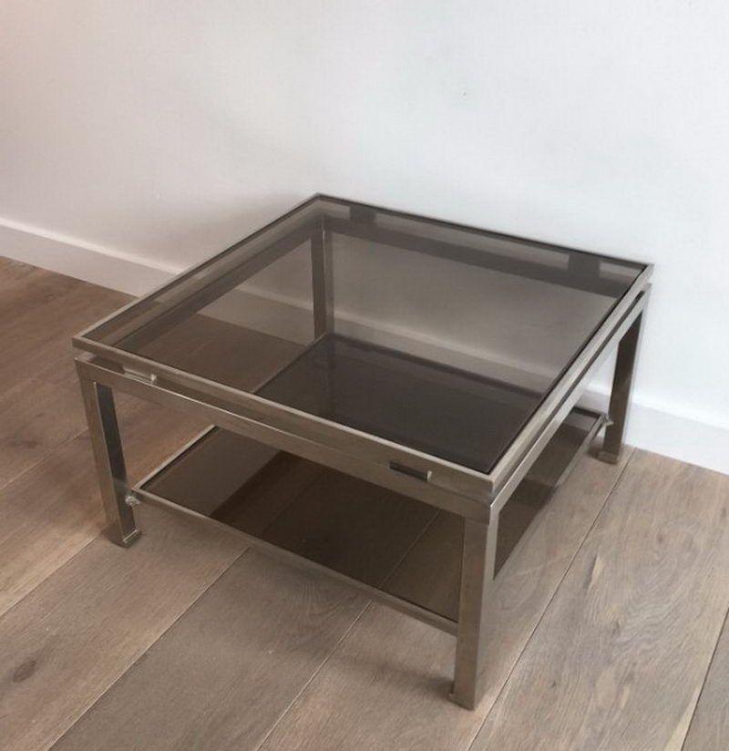 Brushed Pair of brushed steel side tables with smoked glass by Guy Lefèvre  For Sale