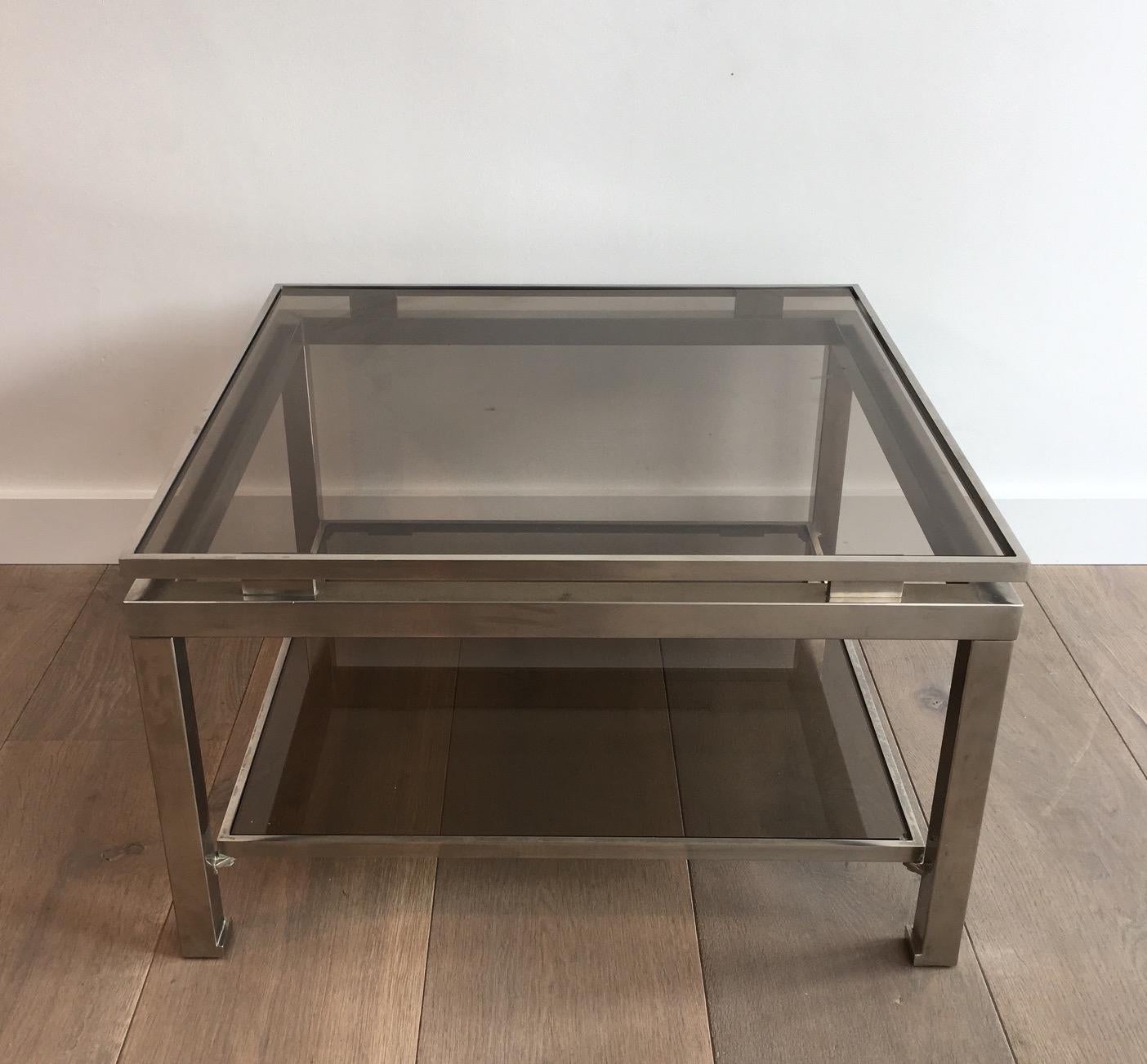 Late 20th Century Rare Pair of Brushed Steel Side Tables by Guy Lefèvre for Maison Jansen For Sale