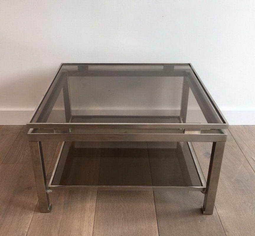 Pair of brushed steel side tables with smoked glass by Guy Lefèvre  In Good Condition For Sale In Marcq-en-Barœul, Hauts-de-France
