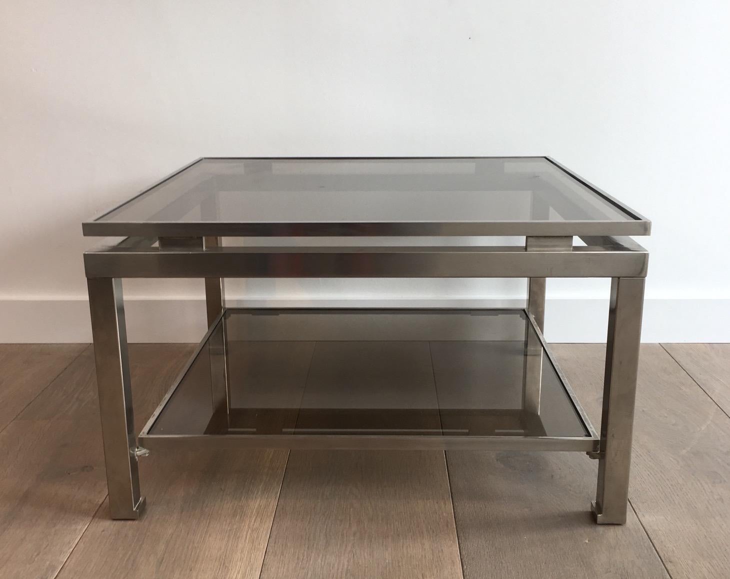 Rare Pair of Brushed Steel Side Tables by Guy Lefèvre for Maison Jansen For Sale 1