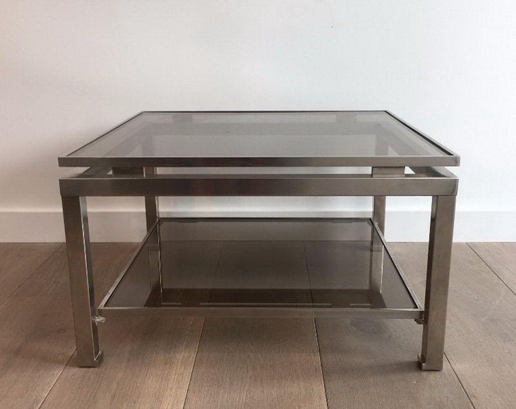 Late 20th Century Pair of brushed steel side tables with smoked glass by Guy Lefèvre  For Sale