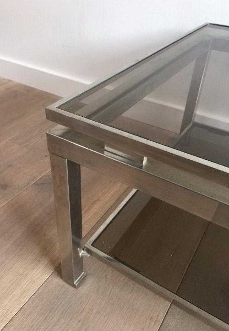 Steel Pair of brushed steel side tables with smoked glass by Guy Lefèvre  For Sale