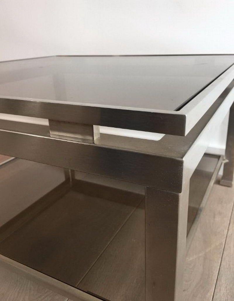 Pair of brushed steel side tables with smoked glass by Guy Lefèvre  For Sale 1