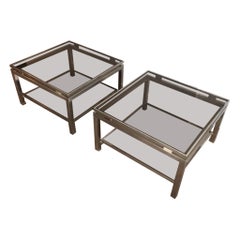 Pair of brushed steel side tables with smoked glass by Guy Lefèvre