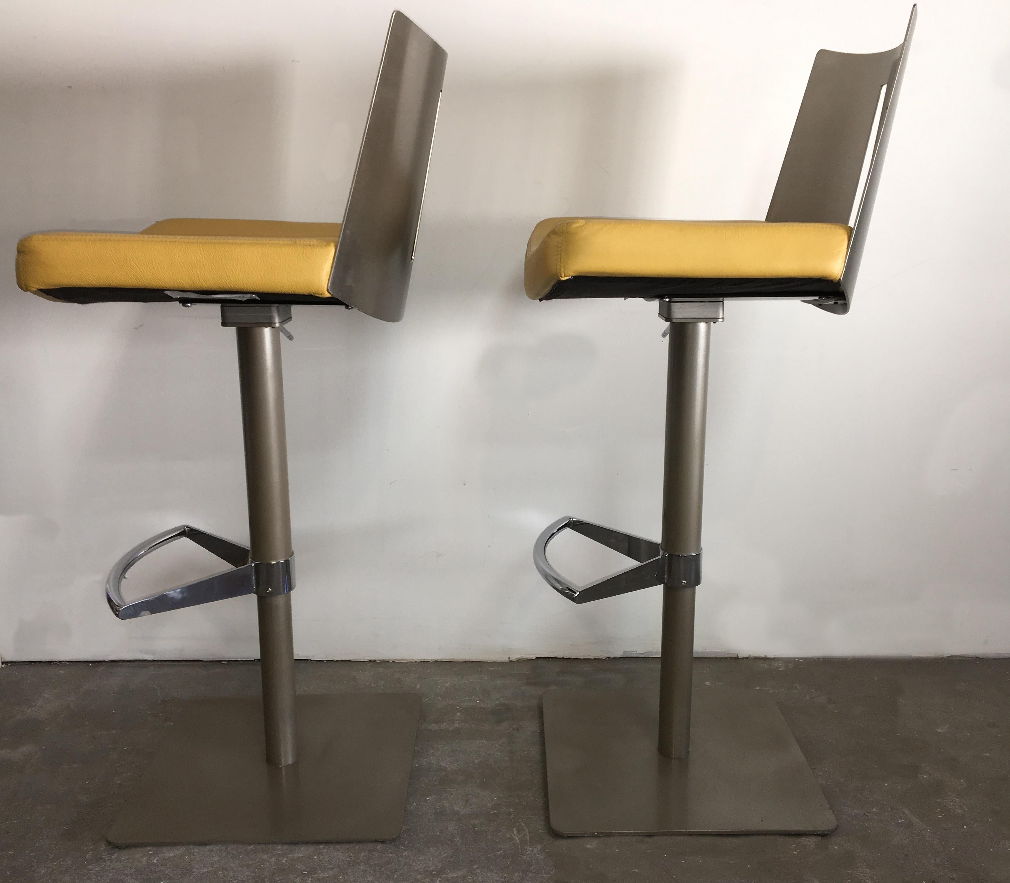 Modern Pair of Brushed Steel Swivel and Adjustable Barstools or Countertop stools