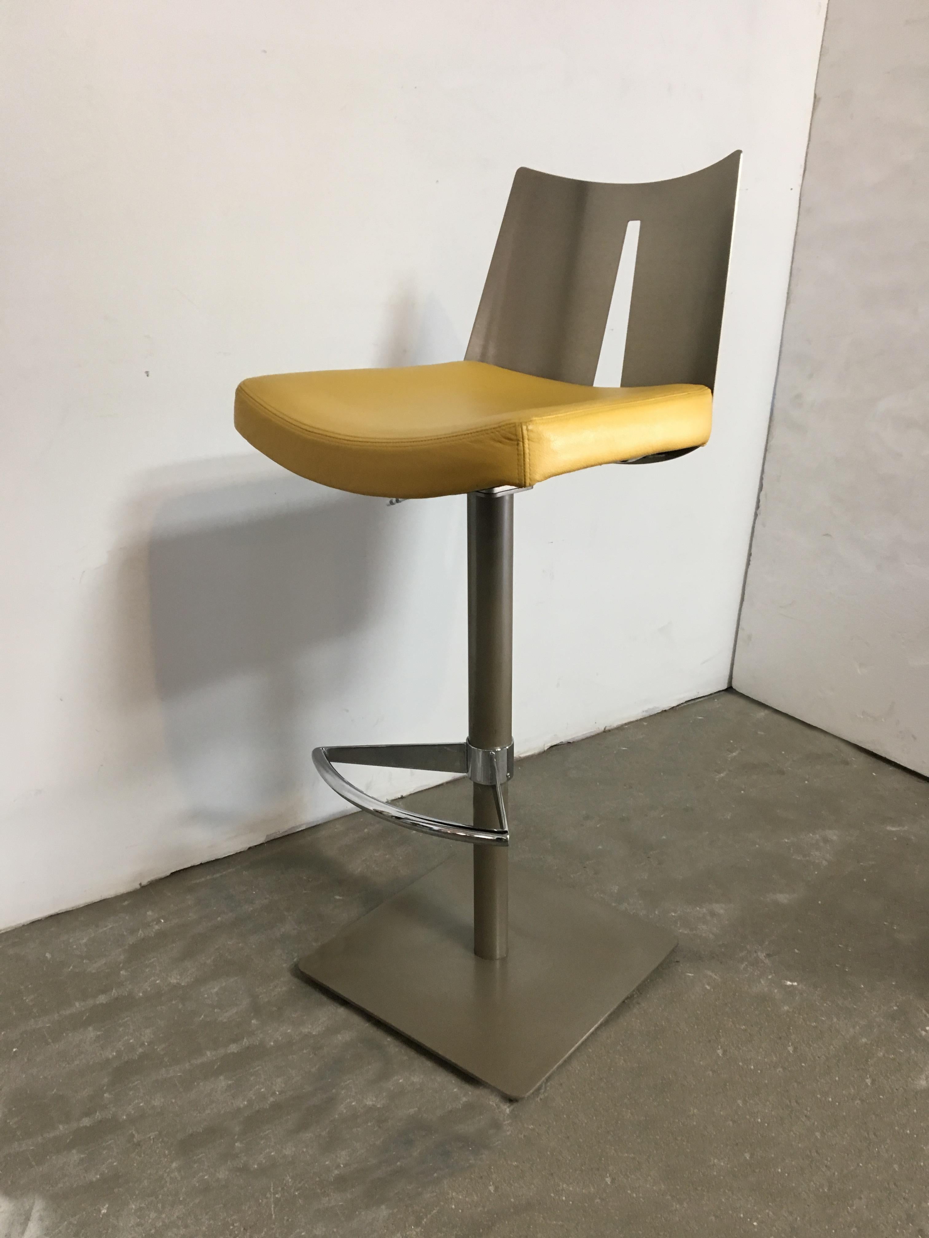 American Pair of Brushed Steel Swivel and Adjustable Barstools or Countertop stools