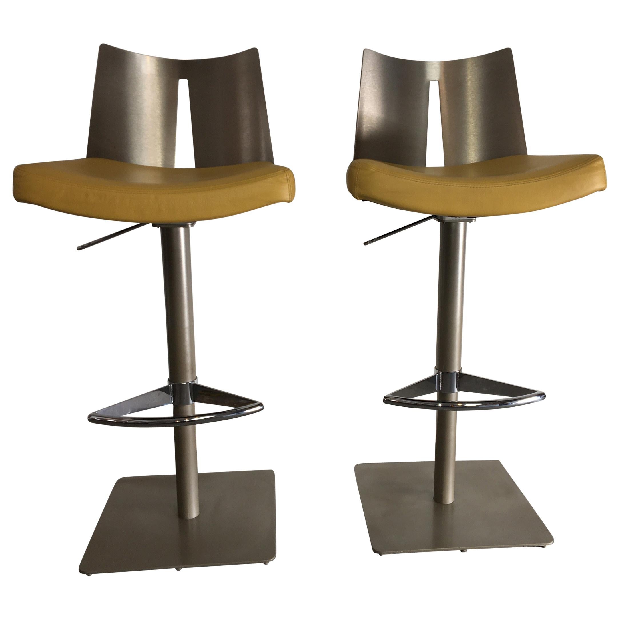 Pair of Brushed Steel Swivel and Adjustable Barstools or Countertop stools