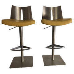 Pair of Brushed Steel Swivel and Adjustable Barstools or Countertop stools