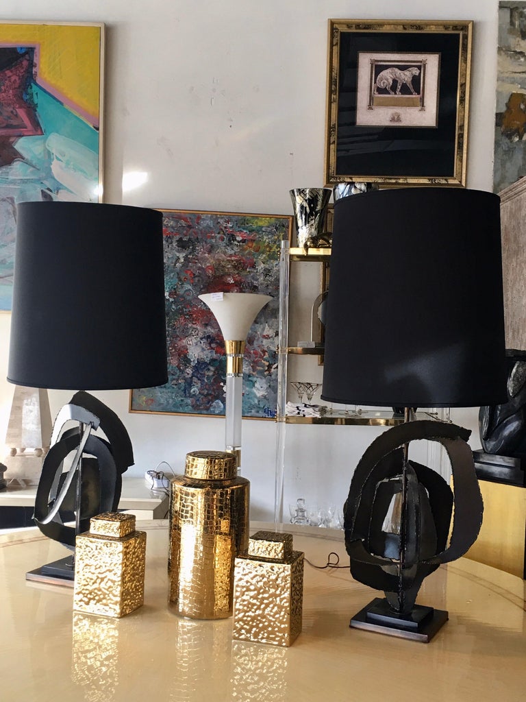 A very rare matching pair of large, iconic bronze, brutalist lamps designed by Richard Barr for Laurel Lamp Company in the 1960s. Usually bought singularly due to the high original price of the lamps. This pair has a fresh pair of custom made shades