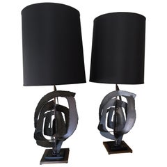 Pair Brutalist Bronze Lampsby Richard Barr Laurel Lamp 1960s
