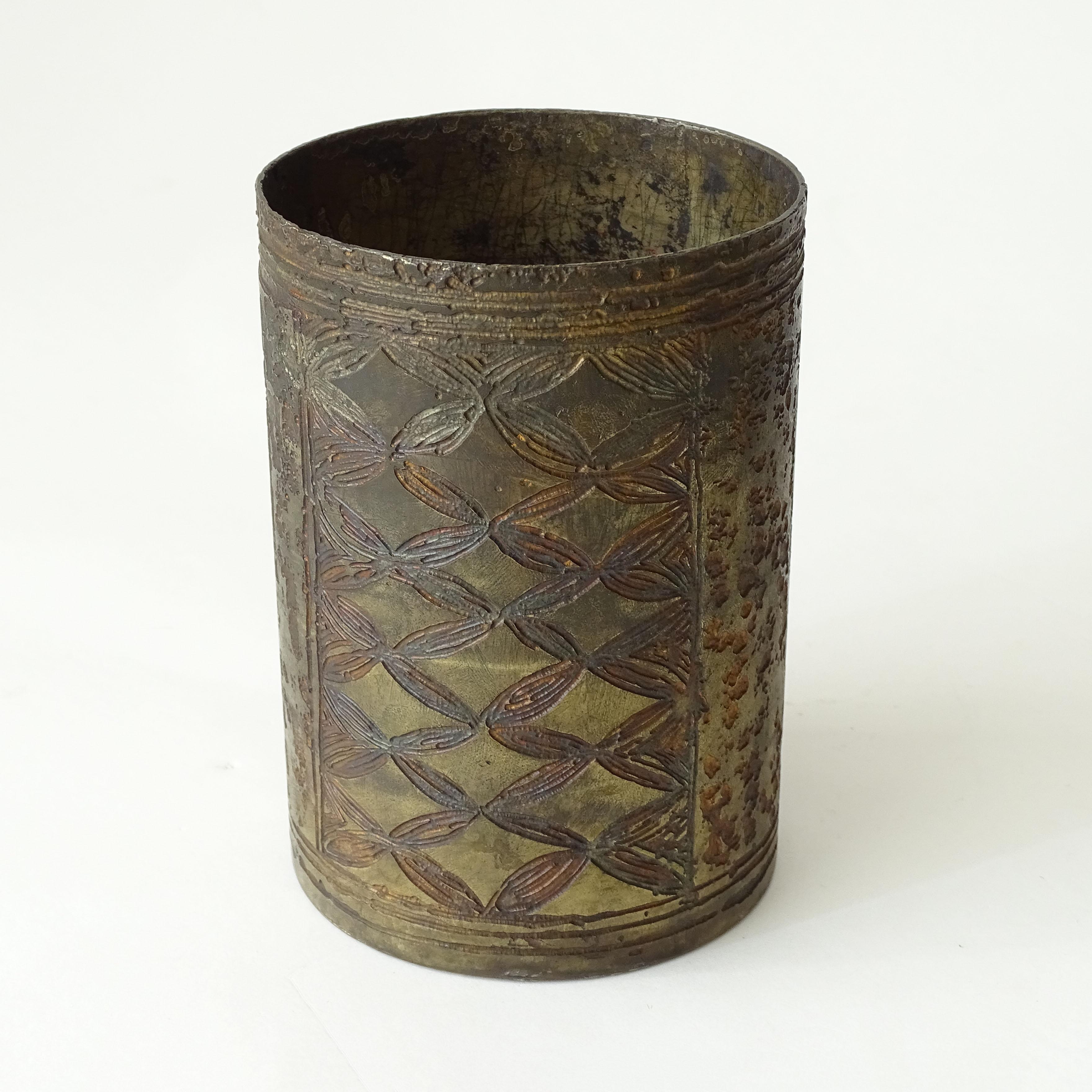 Pair of Brutalist Acid Etched Brass Containers by Gallinaro, 
Italy, 1960s 
The second container measures 9.5 x 13.5 cm
Used as Desk Pen Holders.
Signed Gallinaro