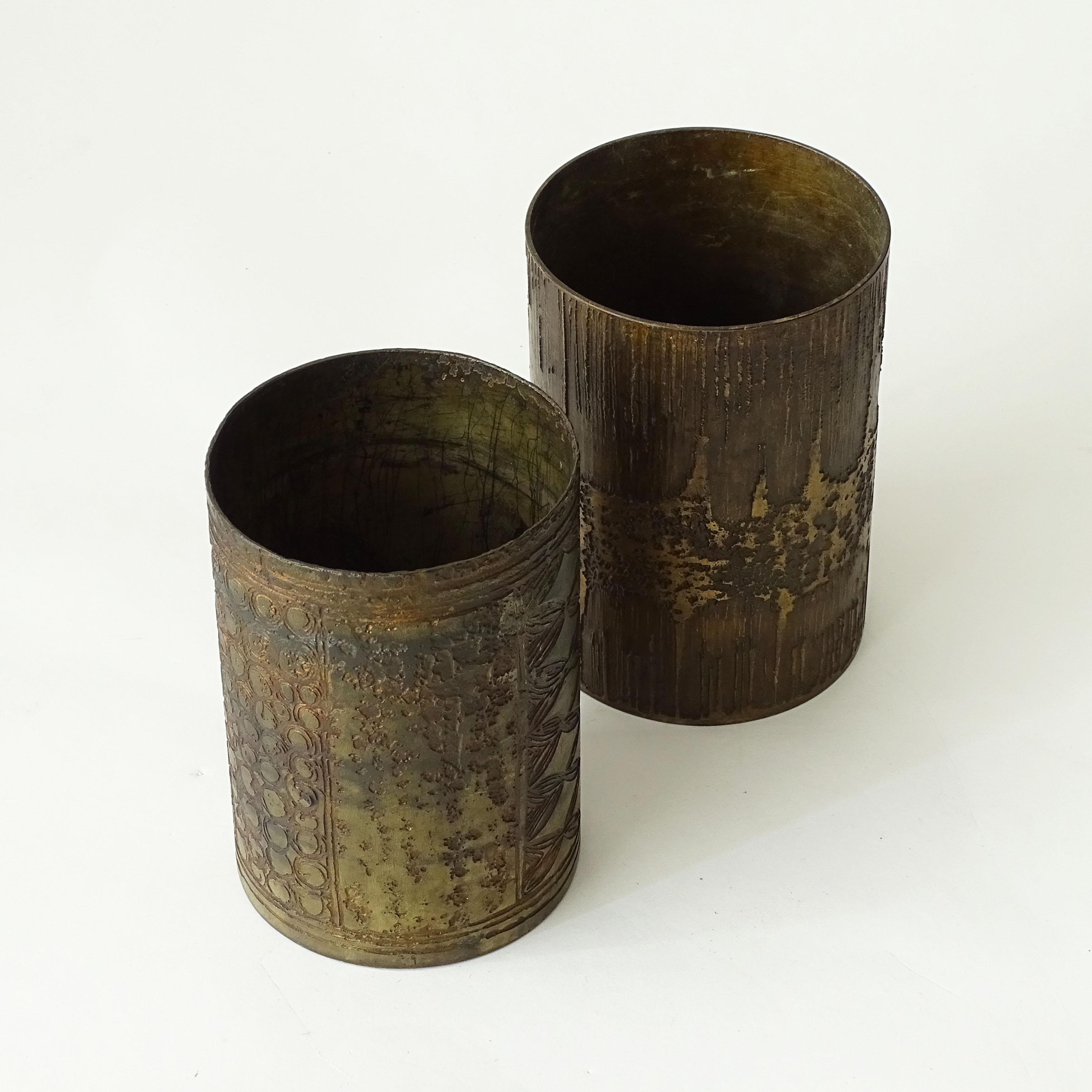 Mid-20th Century Pair of Brutalist Acid Etched Brass Containers by Gallinaro, Italy, 1960s For Sale