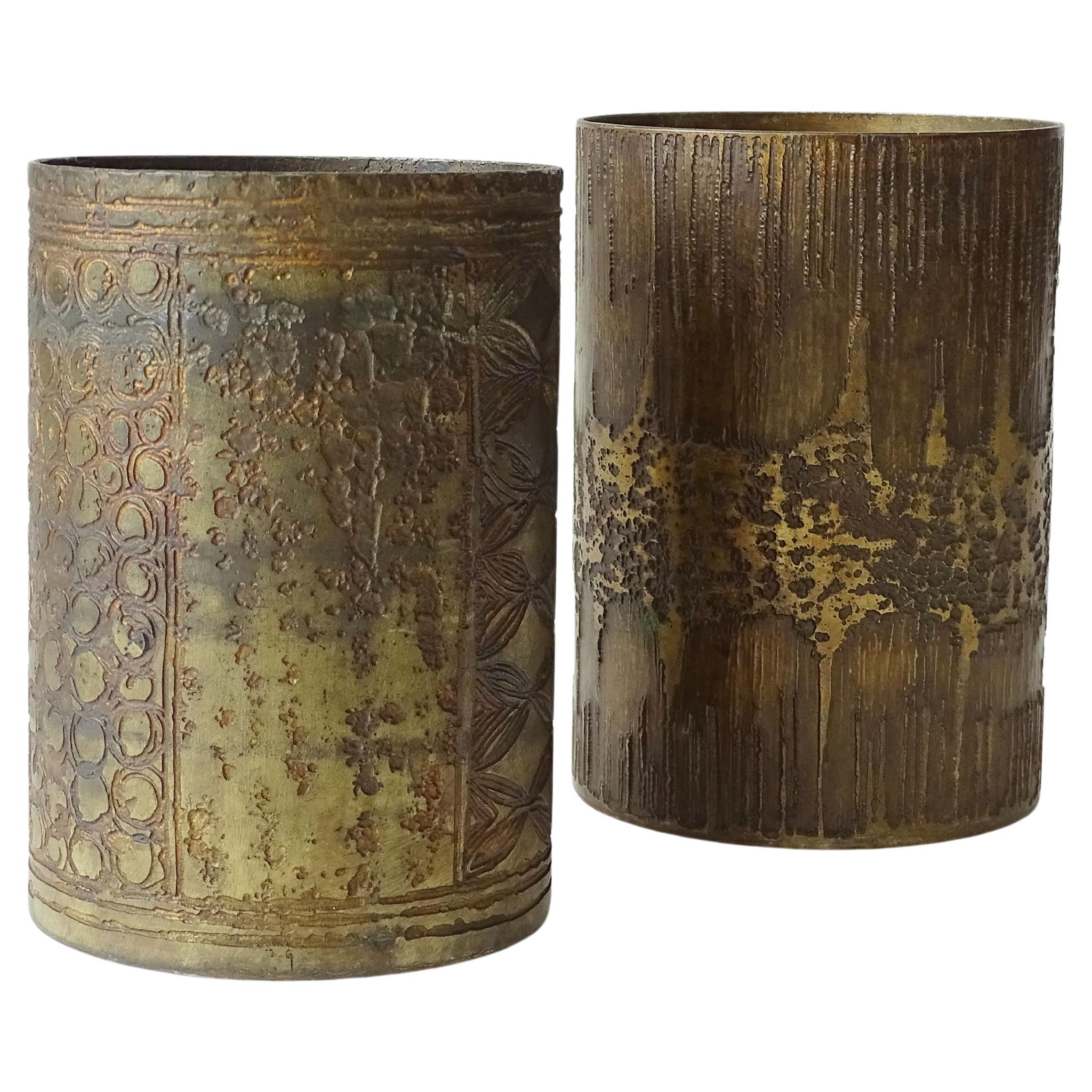 Pair of Brutalist Acid Etched Brass Containers by Gallinaro, Italy, 1960s For Sale