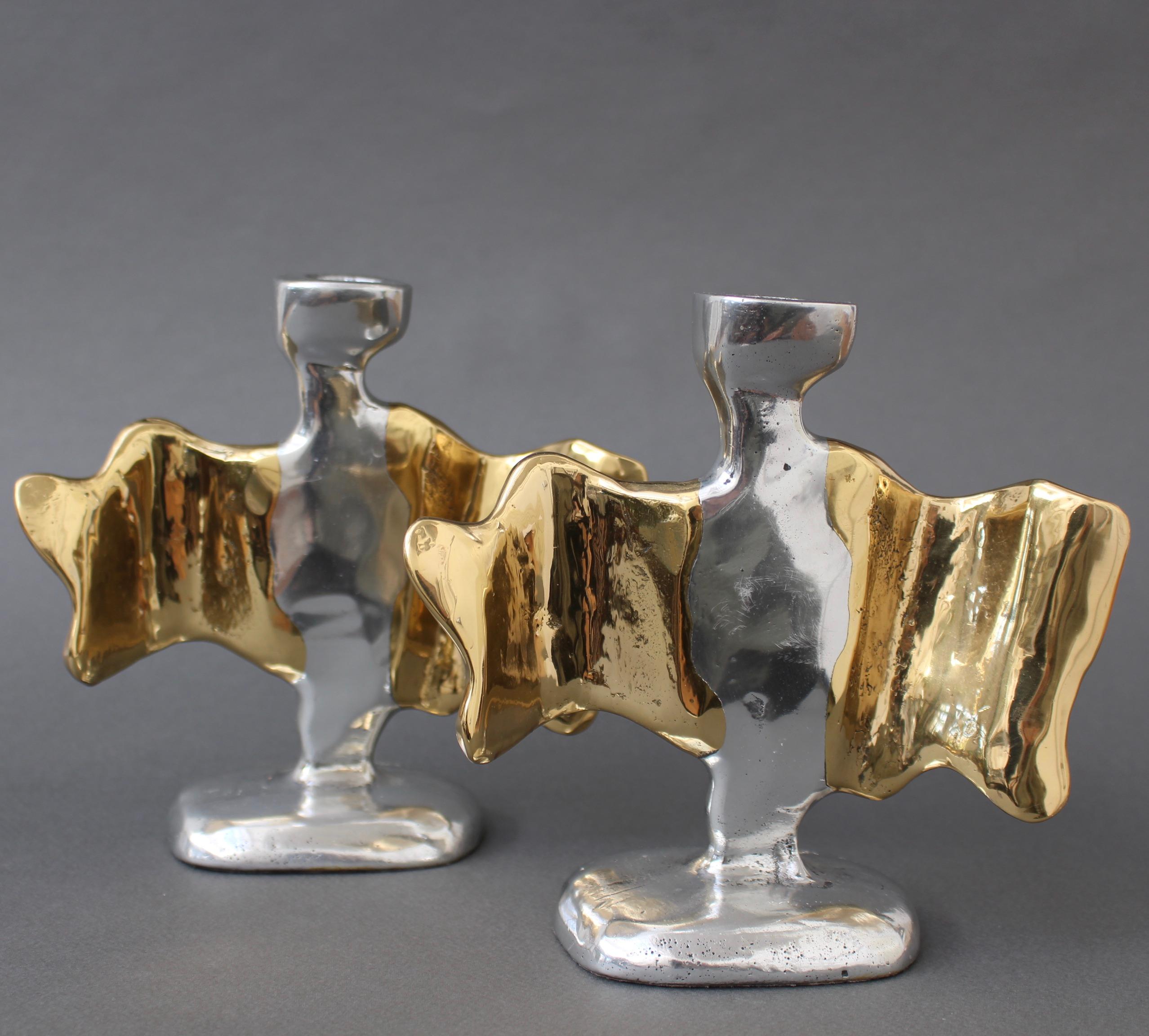 Pair of Brutalist Aluminium and Brass Candlesticks by David Marshall circa 1990s 5
