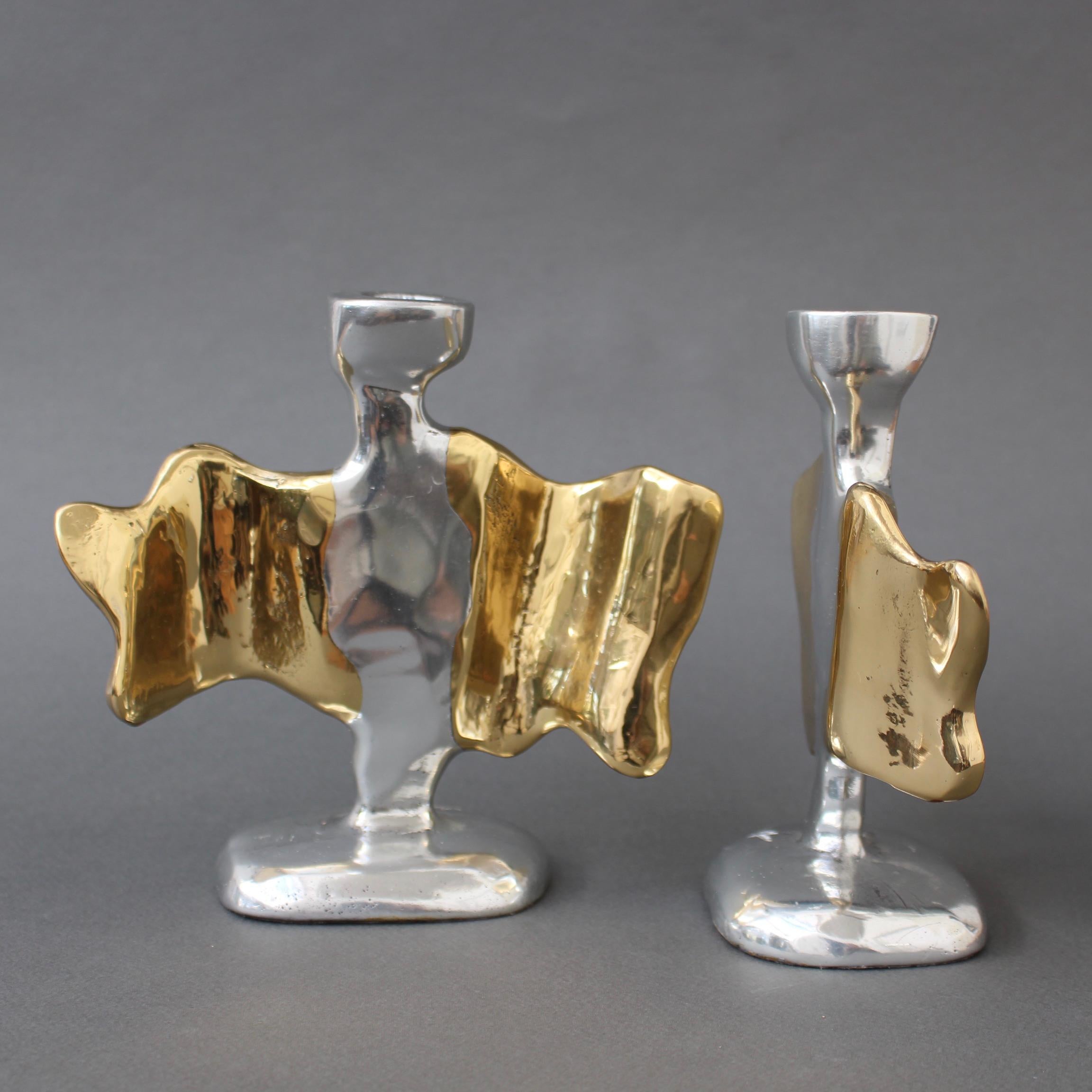 Pair of Brutalist Aluminium and Brass Candlesticks by David Marshall circa 1990s 6