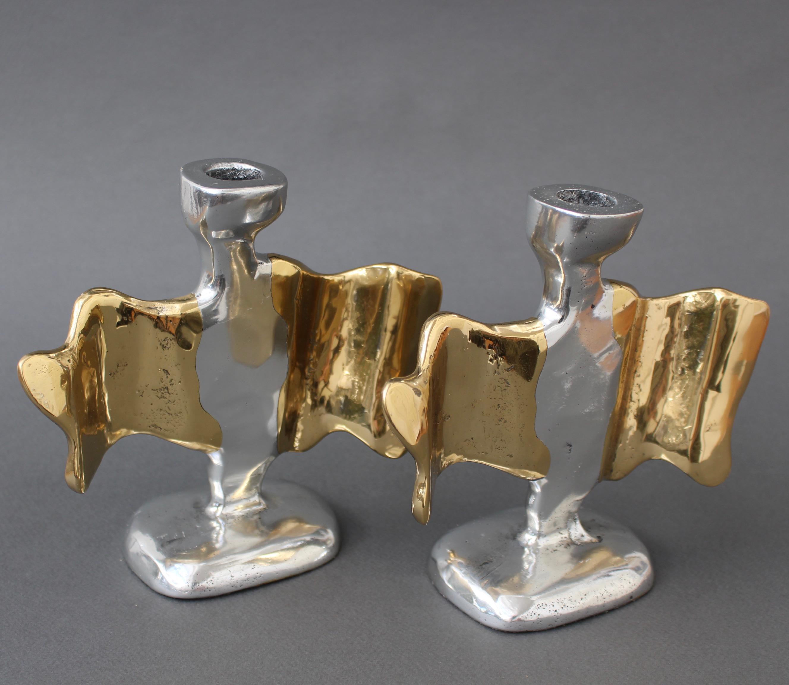 Pair of Brutalist Aluminium and Brass Candlesticks by David Marshall circa 1990s 8