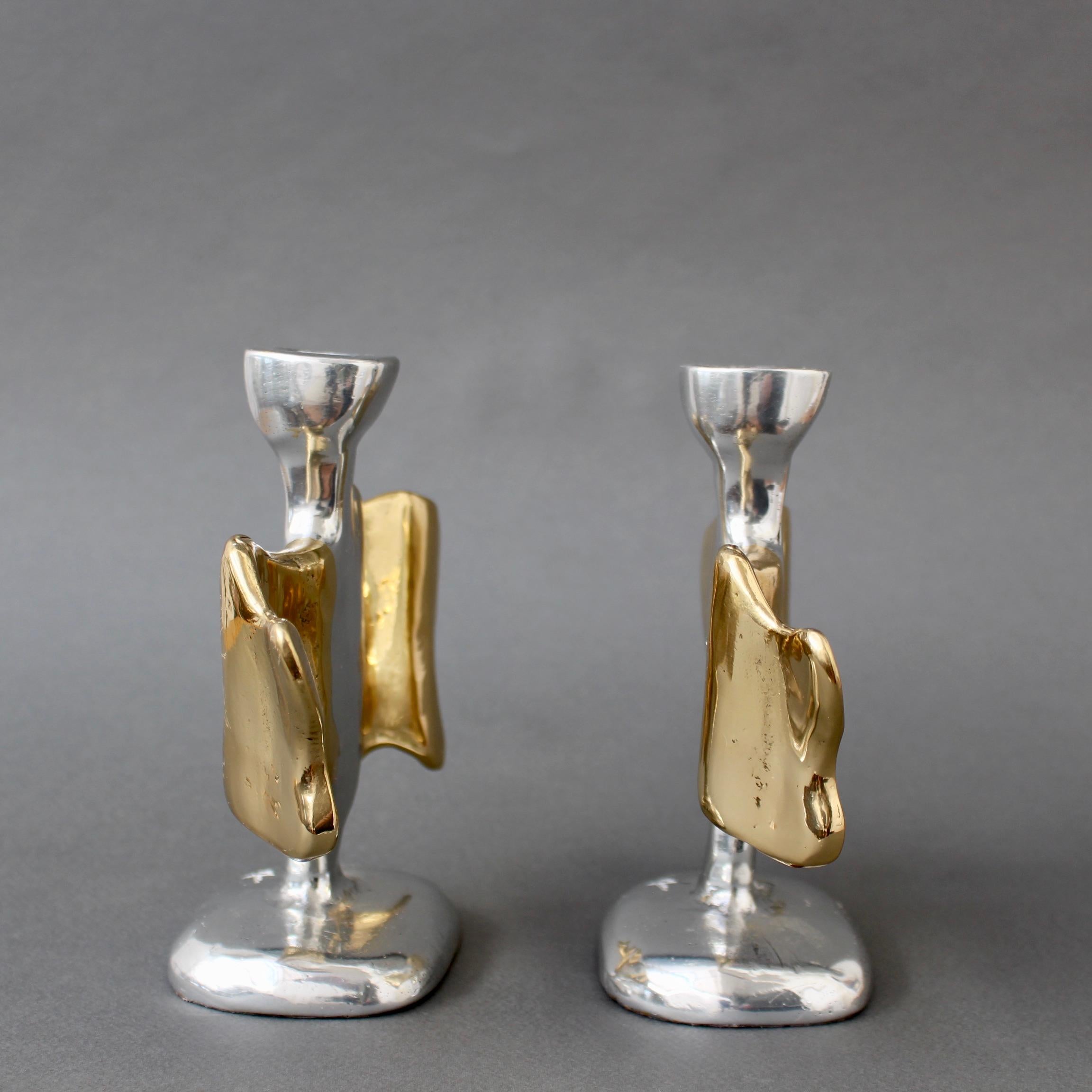 Spanish Pair of Brutalist Aluminium and Brass Candlesticks by David Marshall circa 1990s