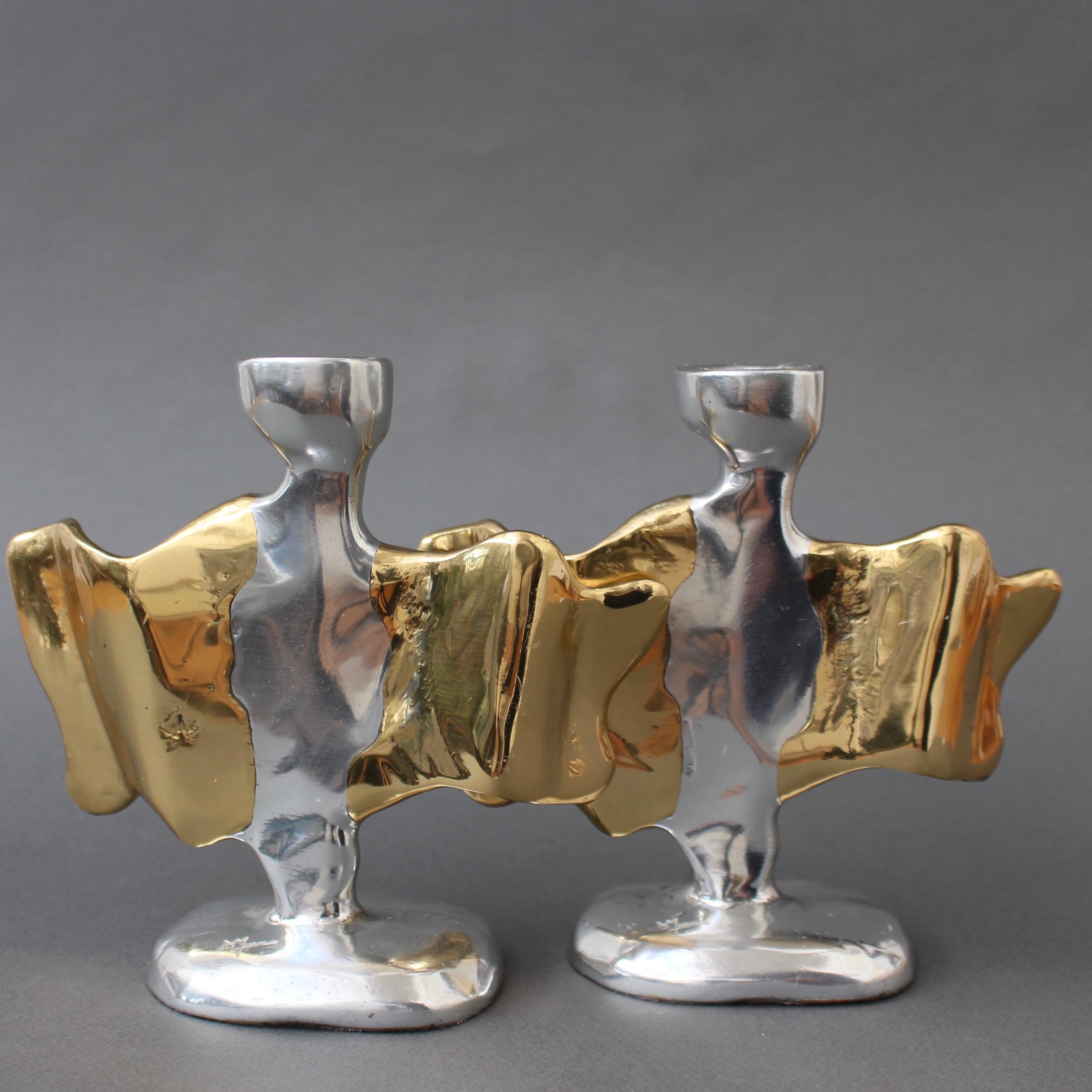 Late 20th Century Pair of Brutalist Aluminium and Brass Candlesticks by David Marshall circa 1990s