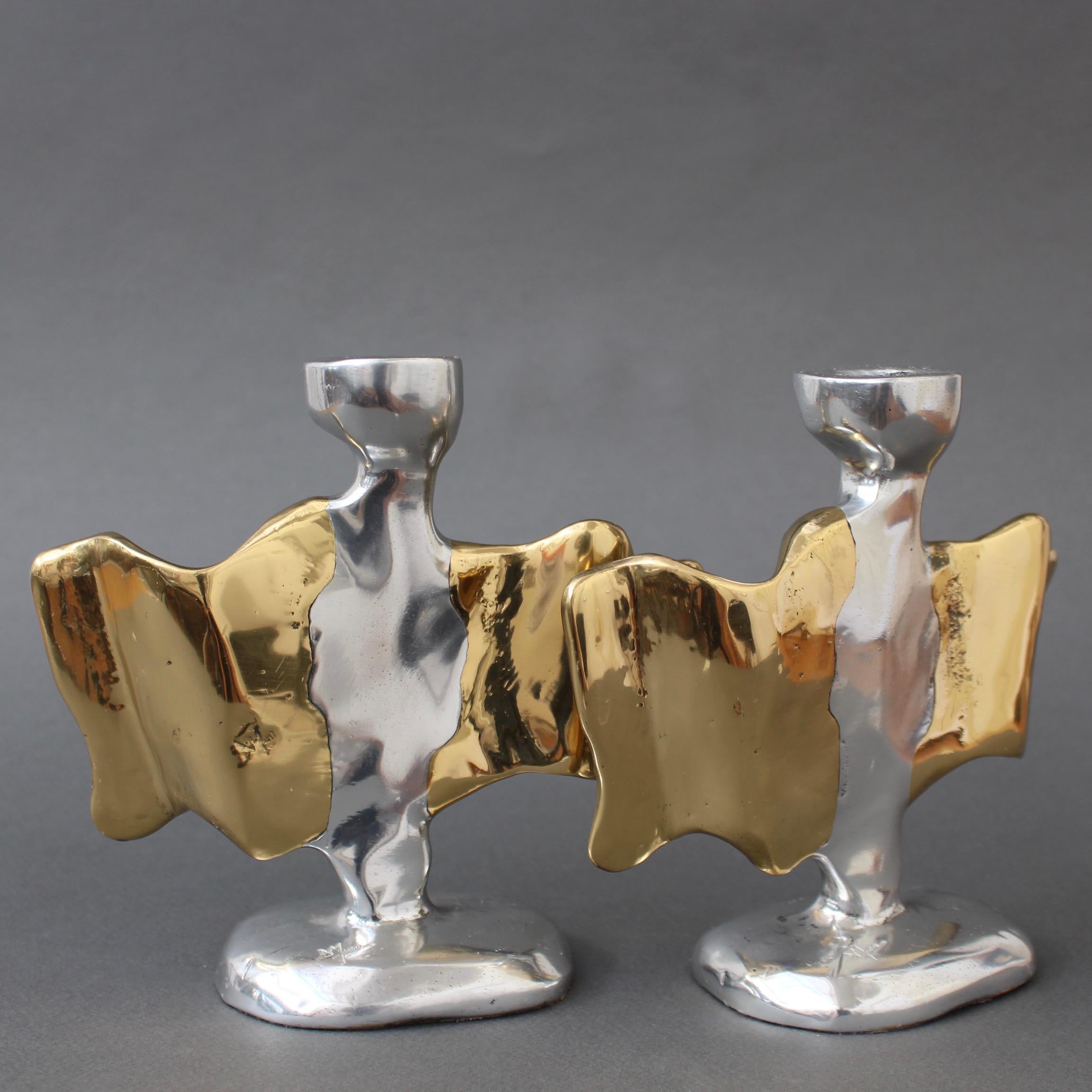 Aluminum Pair of Brutalist Aluminium and Brass Candlesticks by David Marshall circa 1990s