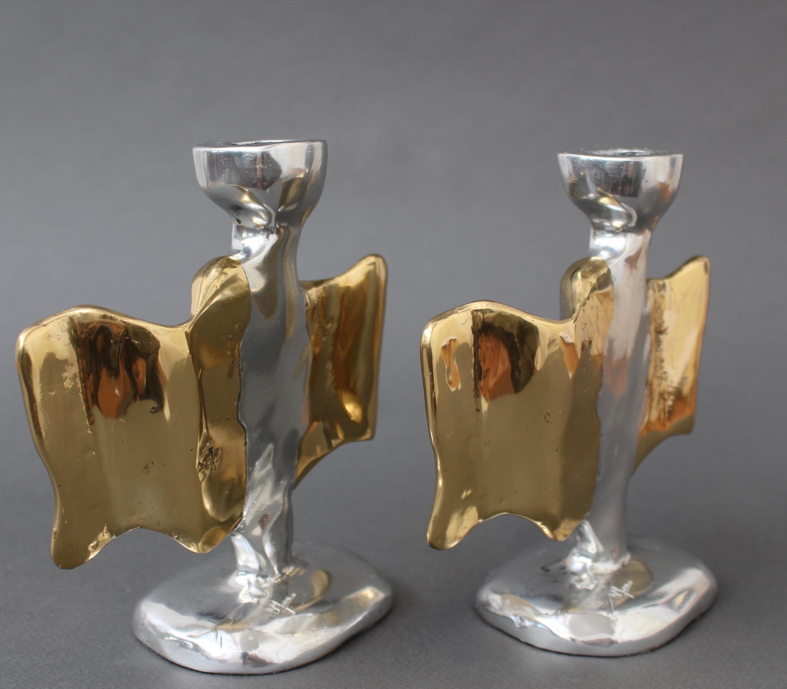 Pair of Brutalist Aluminium and Brass Candlesticks by David Marshall circa 1990s 1