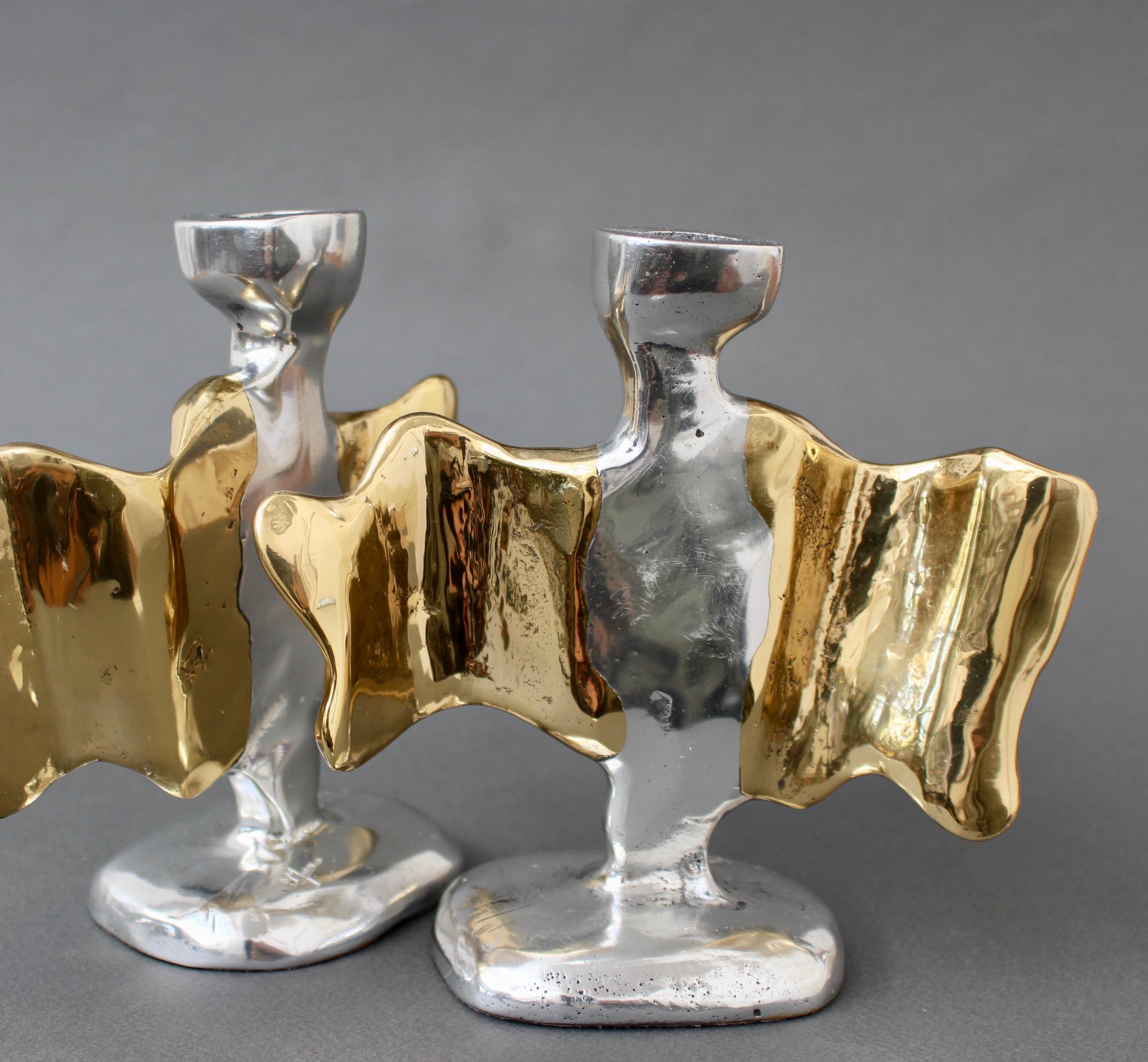 Pair of Brutalist Aluminium and Brass Candlesticks by David Marshall circa 1990s 2