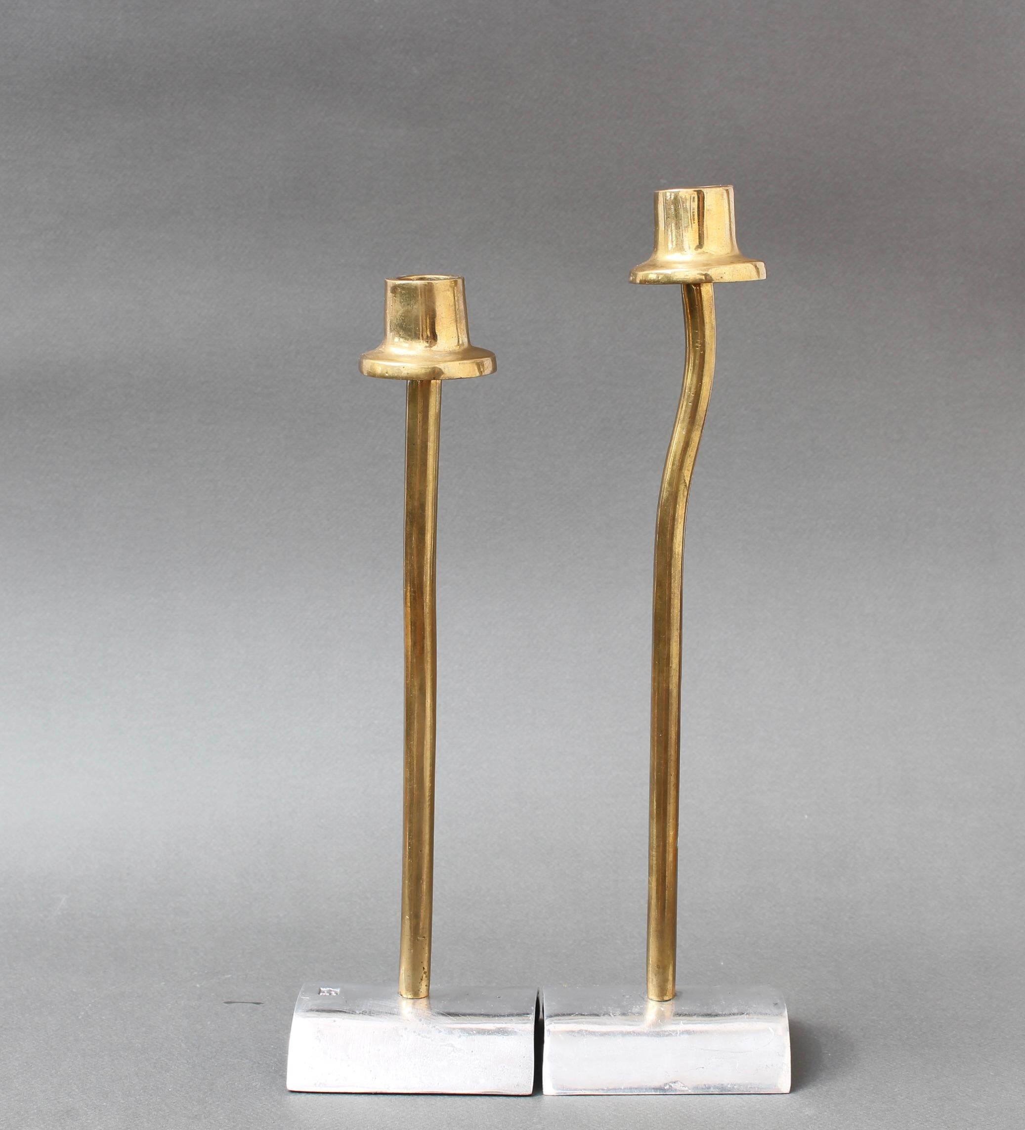 Spanish Pair of Brutalist Aluminium and Brass Candlesticks by David Marshall For Sale