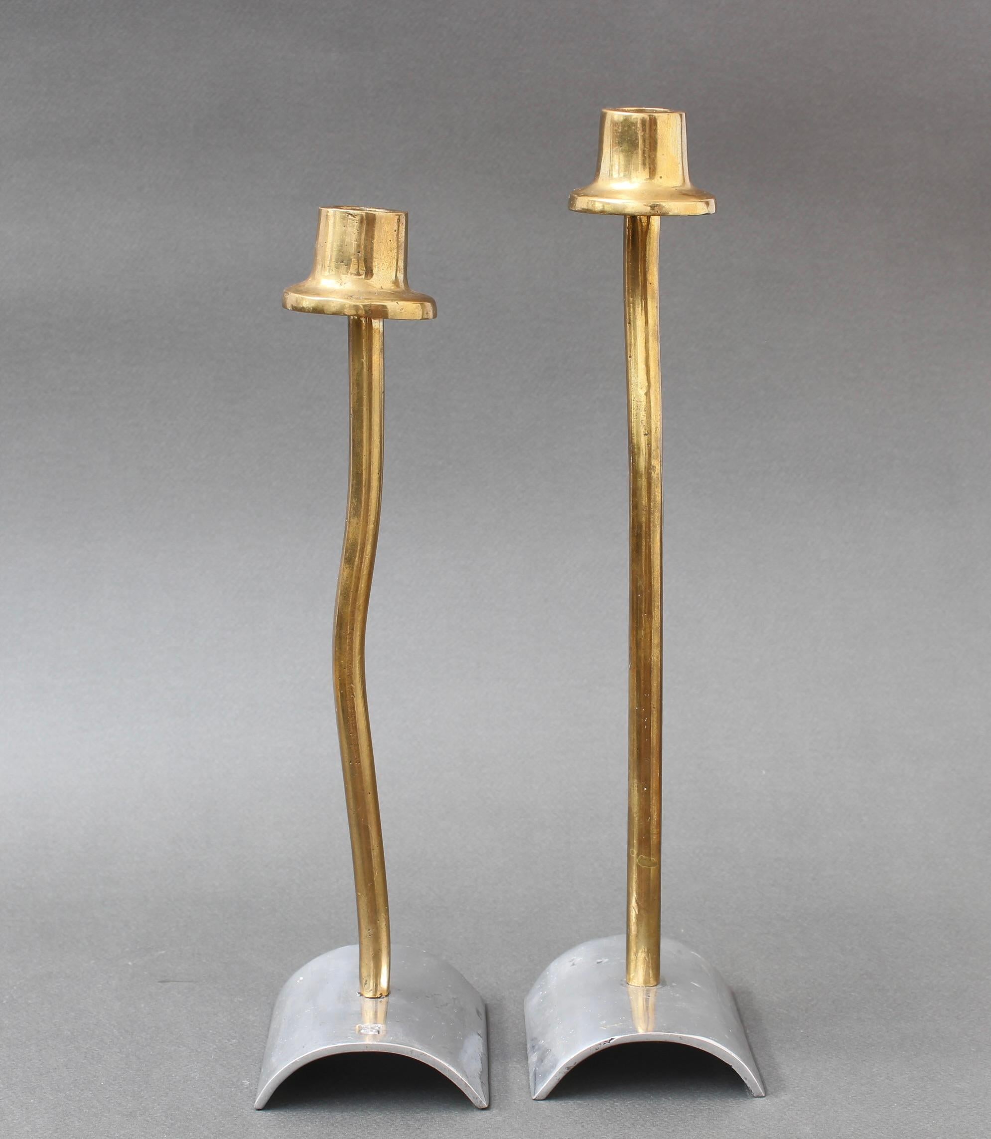 Late 20th Century Pair of Brutalist Aluminium and Brass Candlesticks by David Marshall For Sale