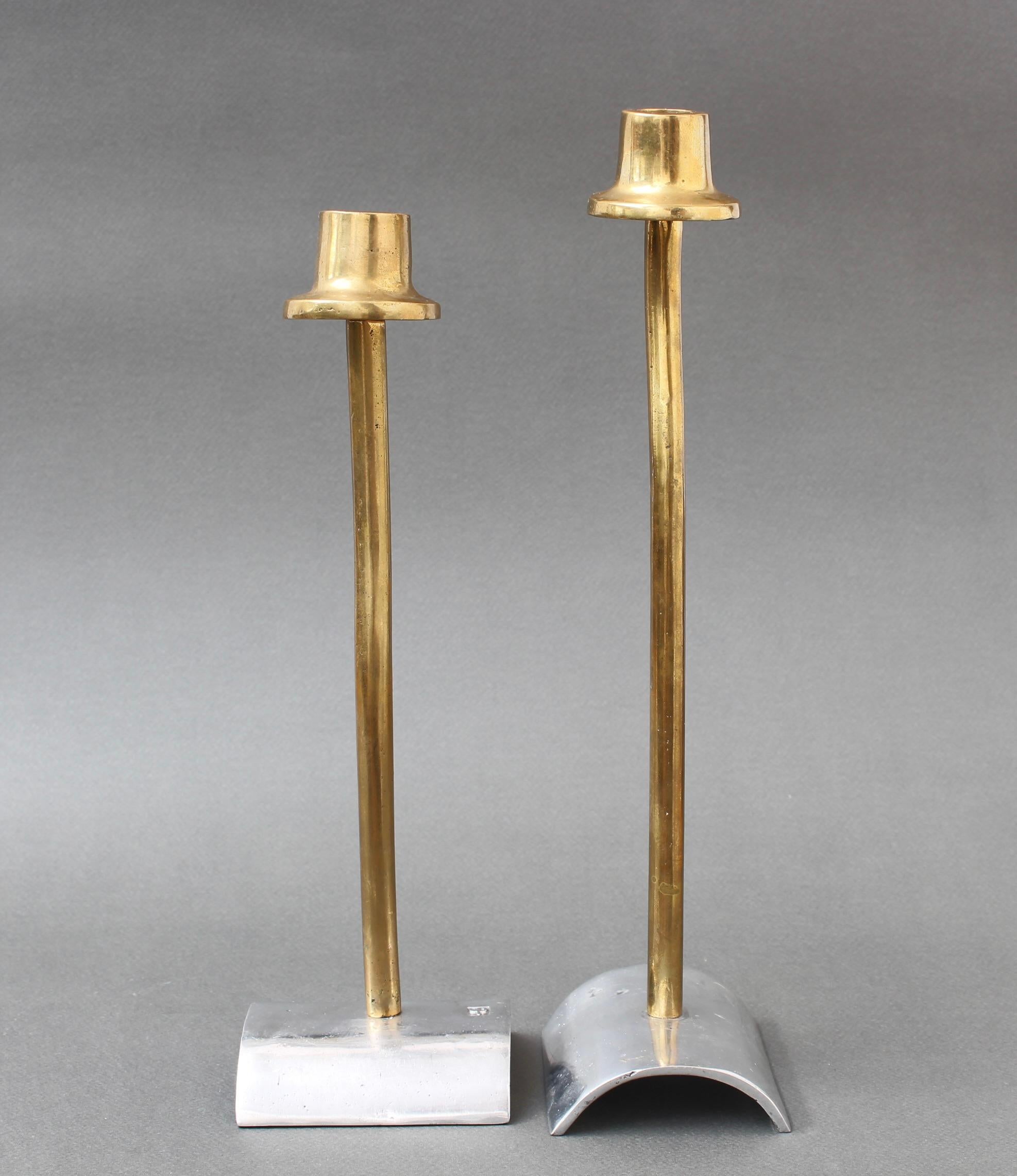 Aluminum Pair of Brutalist Aluminium and Brass Candlesticks by David Marshall For Sale