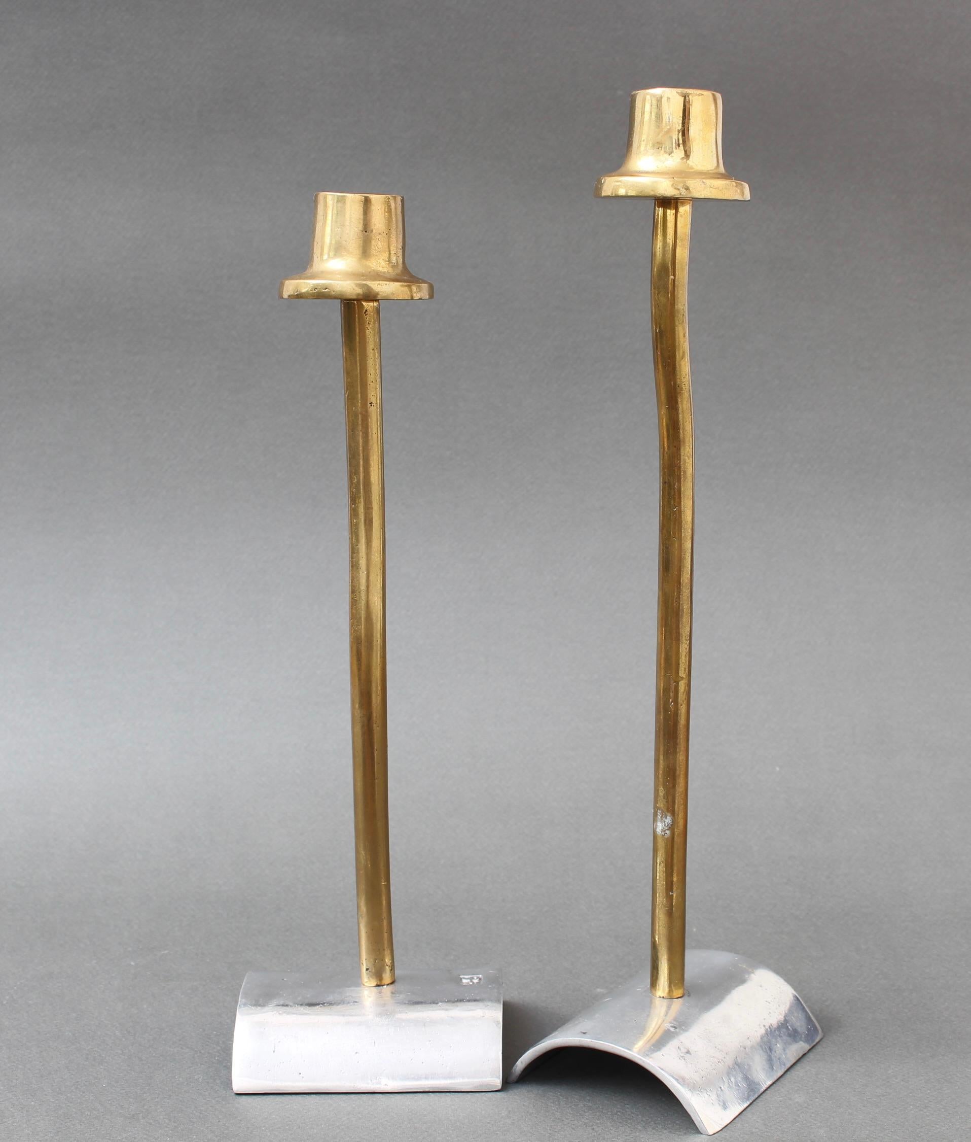 Pair of Brutalist Aluminium and Brass Candlesticks by David Marshall For Sale 1