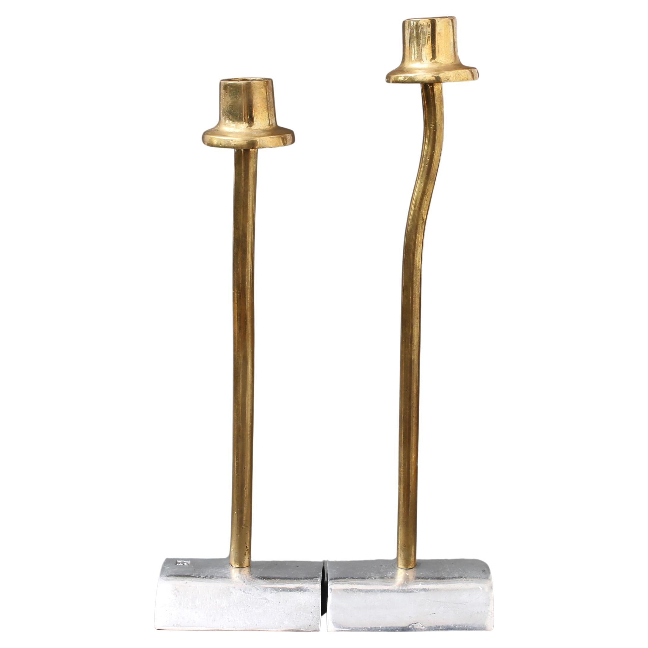 Pair of Brutalist Aluminium and Brass Candlesticks by David Marshall For Sale