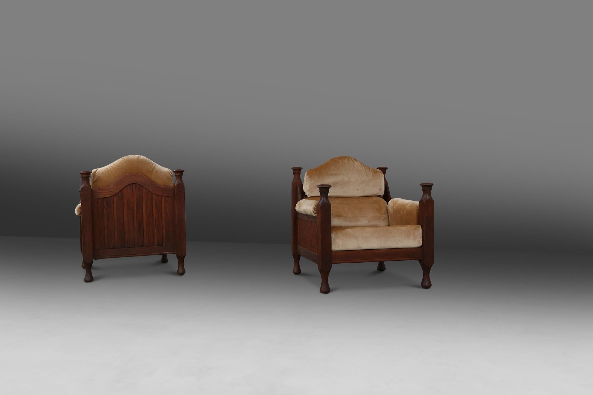 French Pair of Brutalist Armchairs in Oak and Velvet