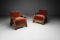 Pair of Brutalist Armchairs Upholstered in Red Mohair, France 1960s