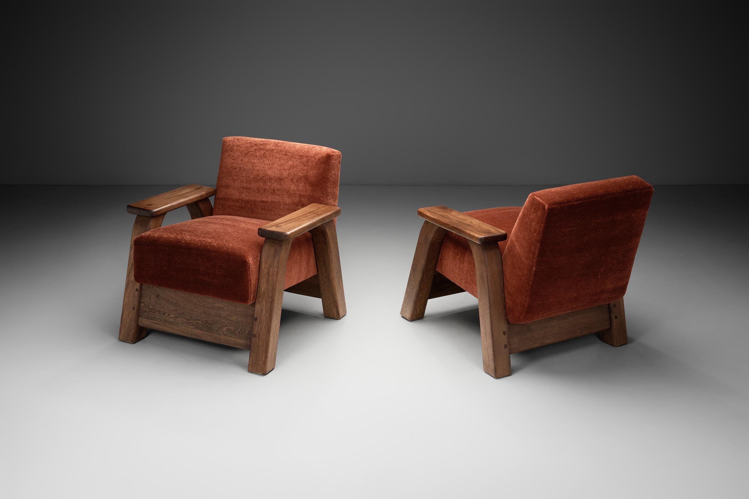 Pareja de Sillones Brutalistas Tapizados en Mohair Rojo, Francia Años 60 Francés en venta