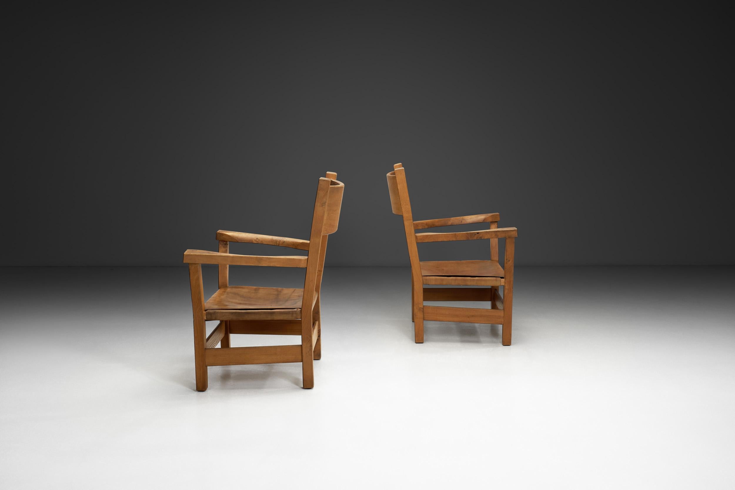 Modern Pair of Brutalist Armchairs with Leather Seats, Europe 1970s For Sale